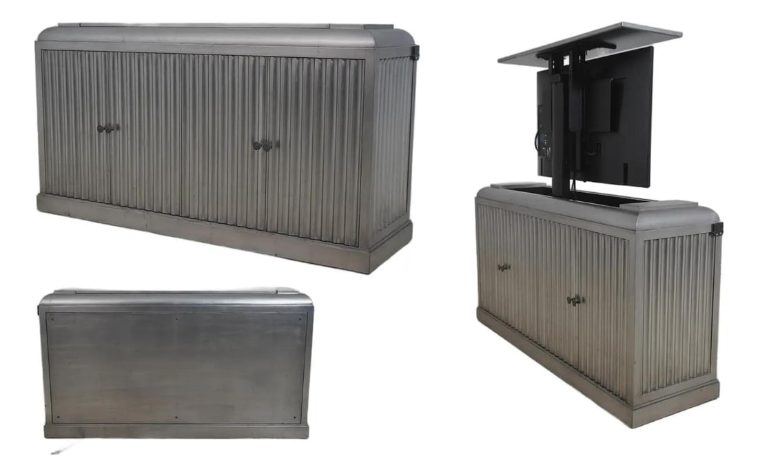 Contemporary Wood TV Lift Cabinet with Touch Pad Silver Finish 59.5w: Contemporary Wood TV Lift Cabinet with Touch Pad Silver Finish 59.5w This modern design TV lift cabinet is crafted from wood with a silver finish. Designed to be placed at the foot of a bed, it featur