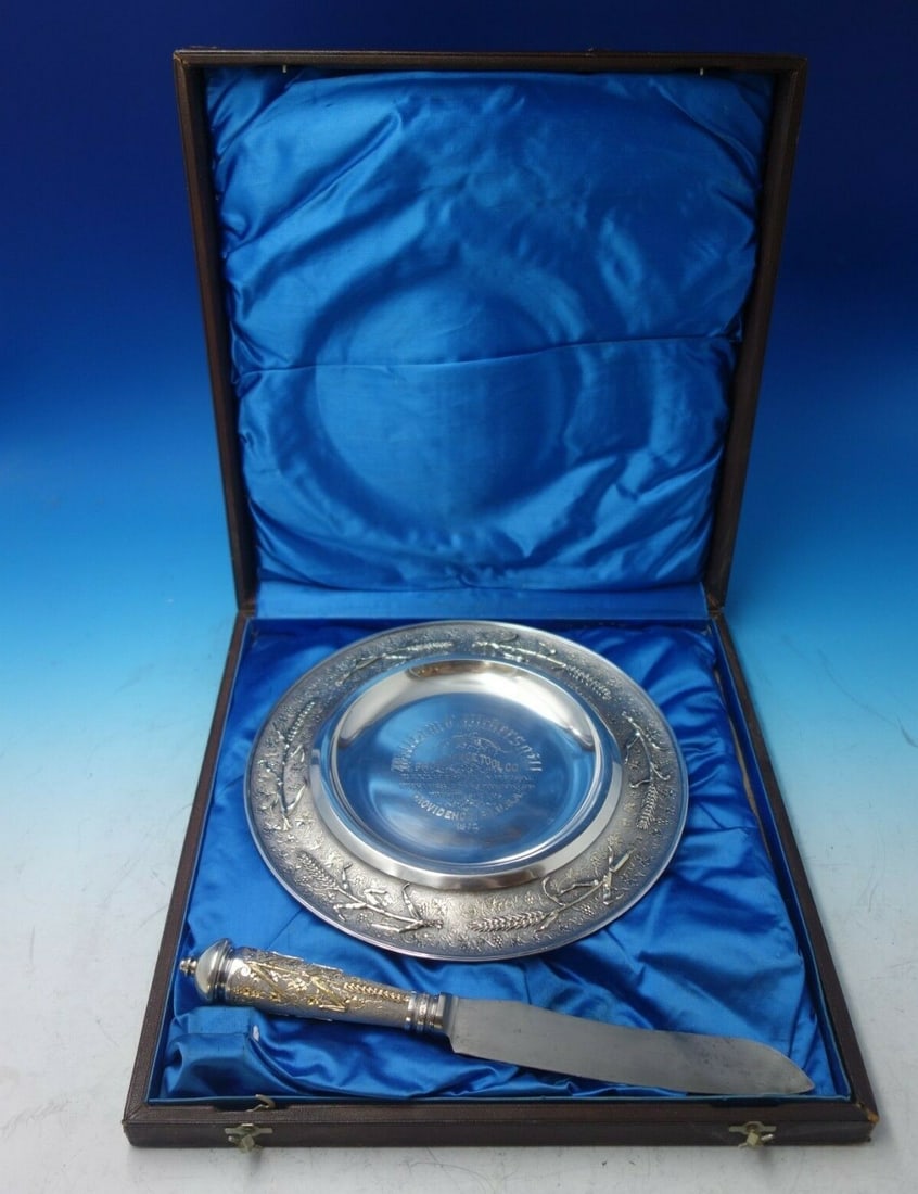 Gorham Sterling Silver 2pc Challah Set 1872 with Fitted Box: Gorham Sterling Silver 2pc Challah Set 1872 with Fitted Box This exquisite Judaica set by Gorham comprises a sterling silver challah plate and a challah knife, both beautifully adorned with applied go
