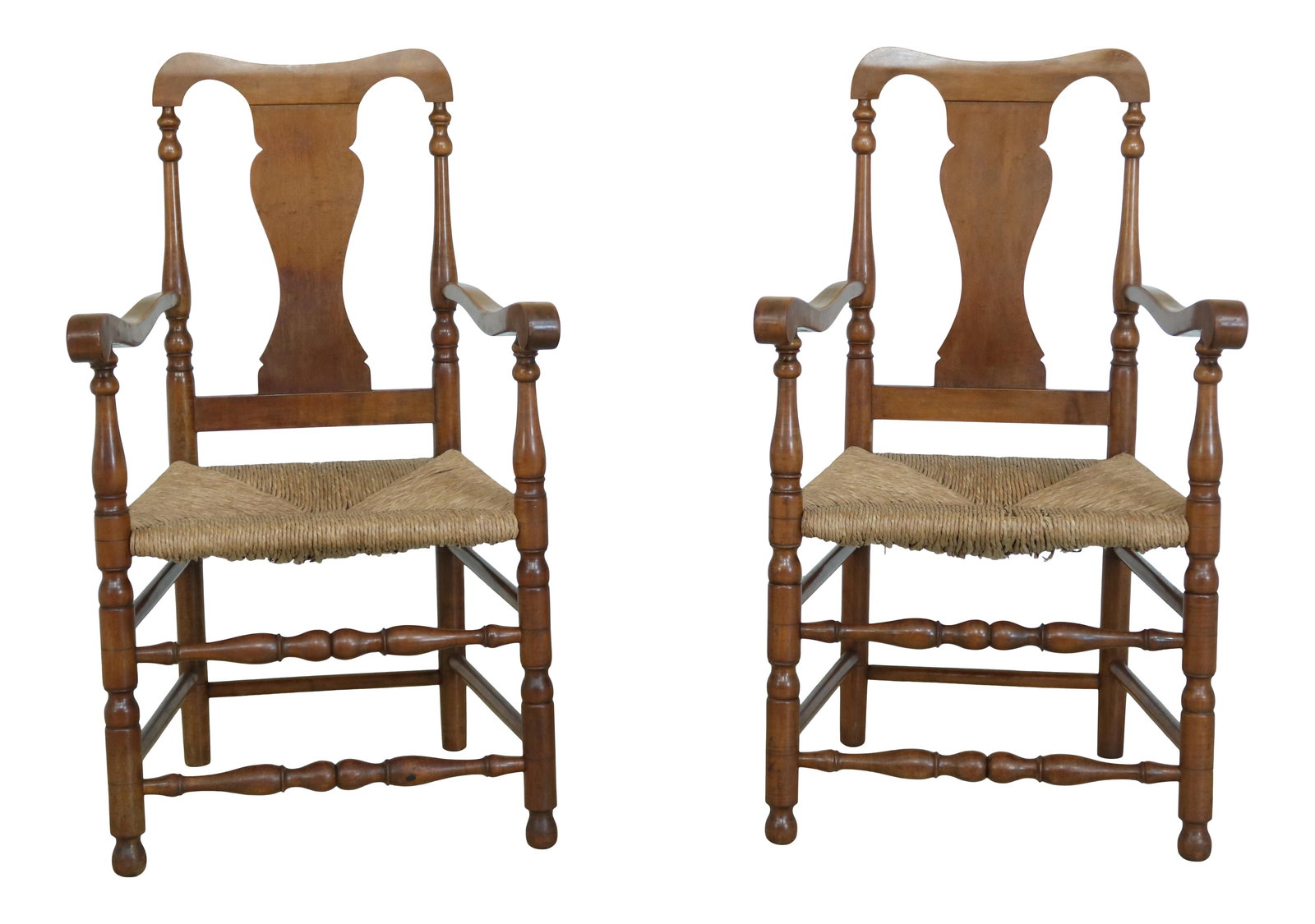 Wallace Nutting Signed Cherry Rush Seat Armchair Pair (1 of 10)