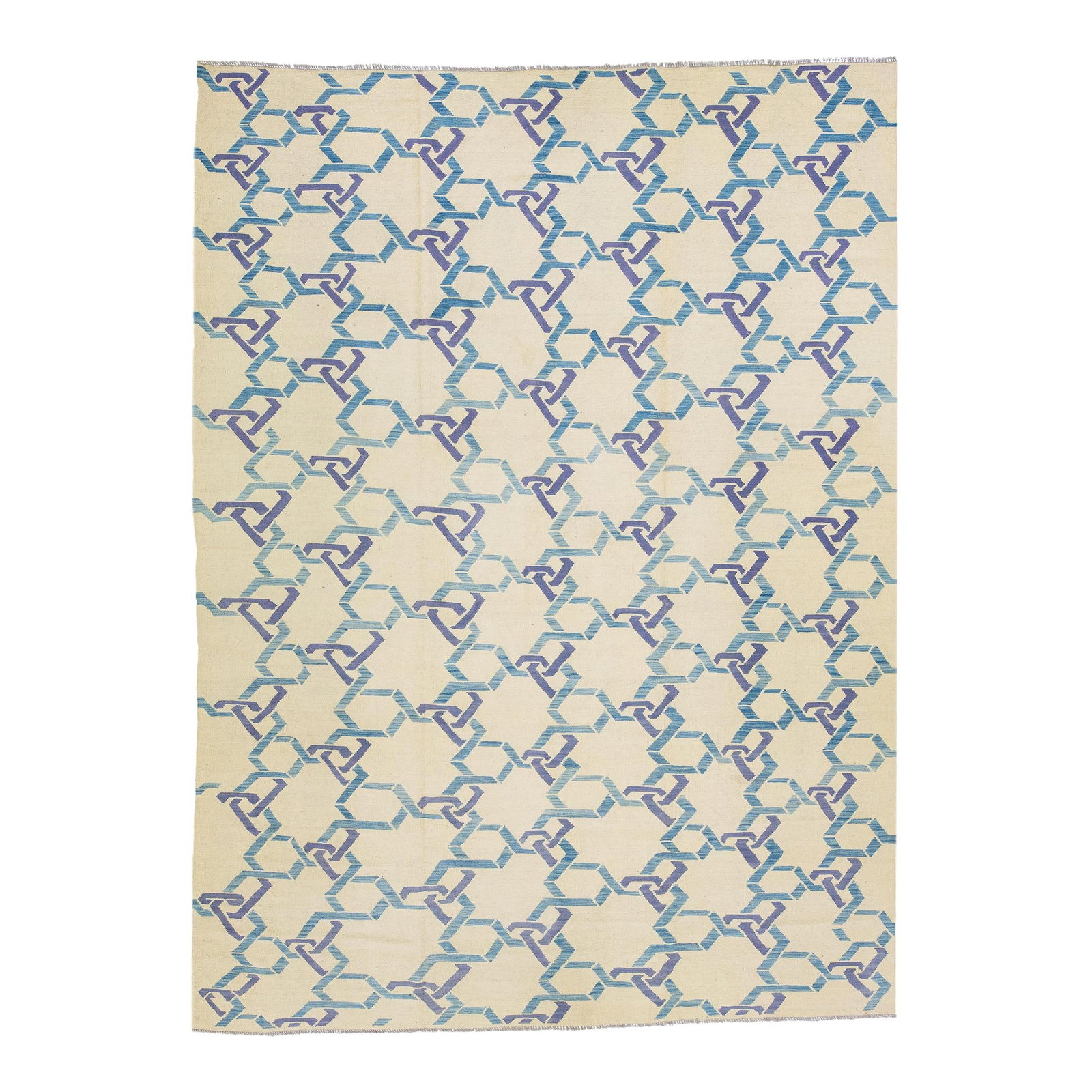 Contemporary Geometric Turkish Kilim Wool Rug 10' x 13'8' Beige Blue: Contemporary Geometric Turkish Kilim Wool Rug 10' x 13'8' Beige Blue Elevate your space with this contemporary geometric Kilim rug, handwoven to perfection. Featuring a dominant beige field adorned wi