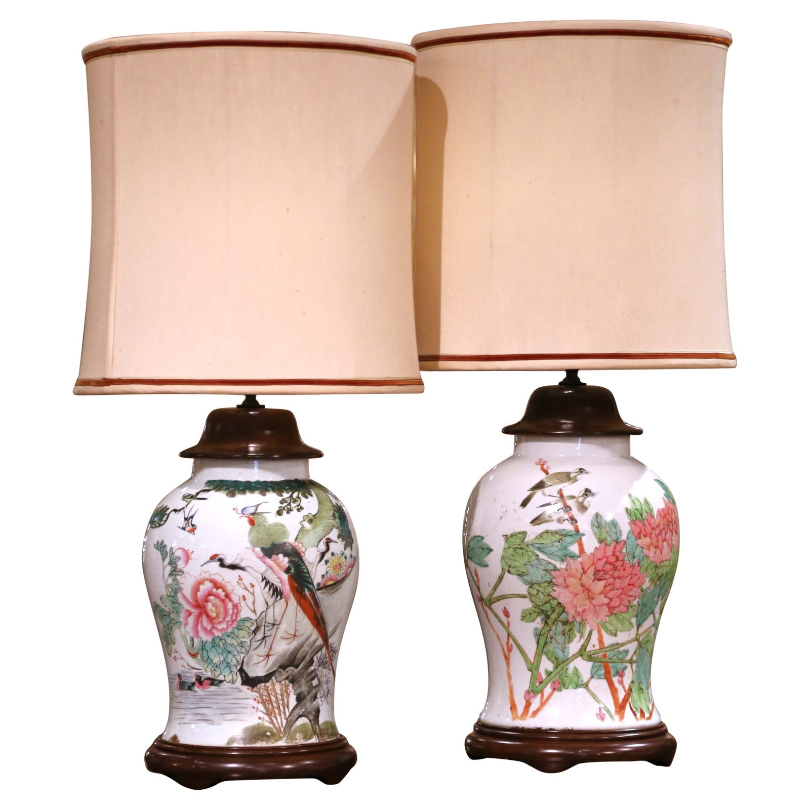Mid-20th Century Chinese Famille Rose Porcelain Lamps Set of 2 with Calligraphy: Mid-20th Century Chinese Famille Rose Porcelain Lamps Set of 2 with Calligraphy This exquisite pair of Chinese Famille Rose porcelain lamps, converted from lidded vase jars, brings a touch of elegance