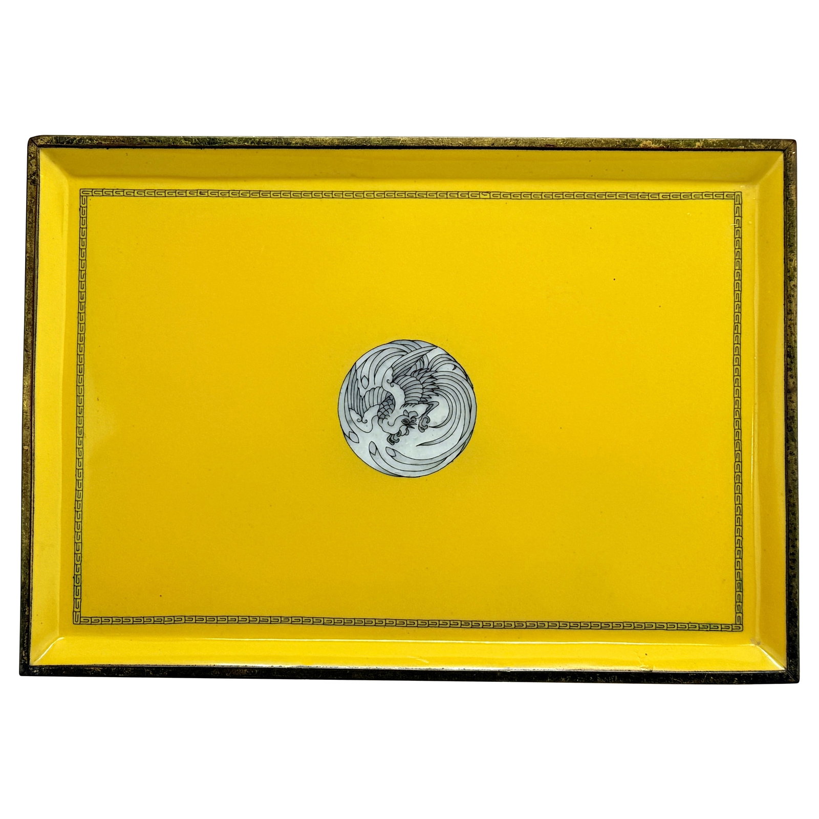 Showa Era Imperial Yellow Cloisonne Tray with Phoenix Medallion (1 of 10)