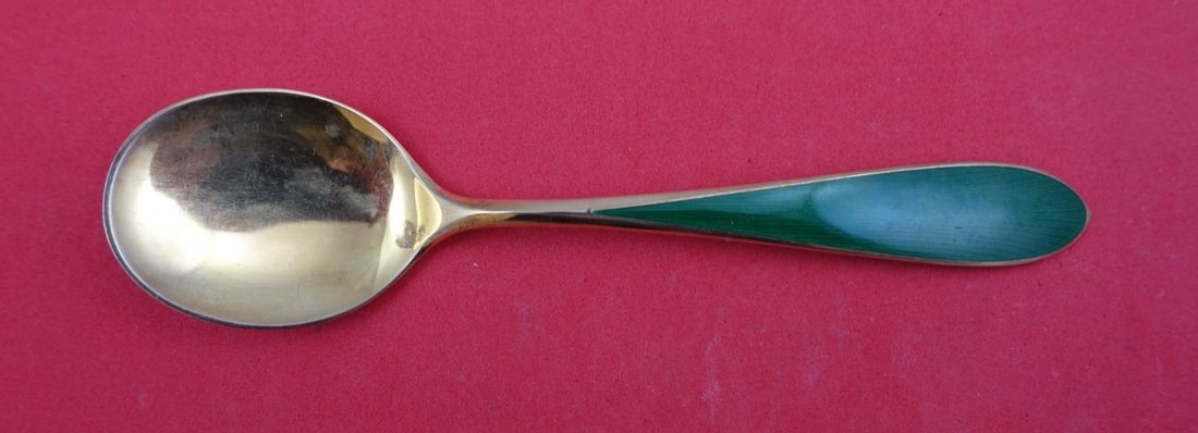 N.M. Thune-Oslow Norwegian Sterling Ice Cream Spoon with Dark Green Enamel 5.5" (1 of 2)