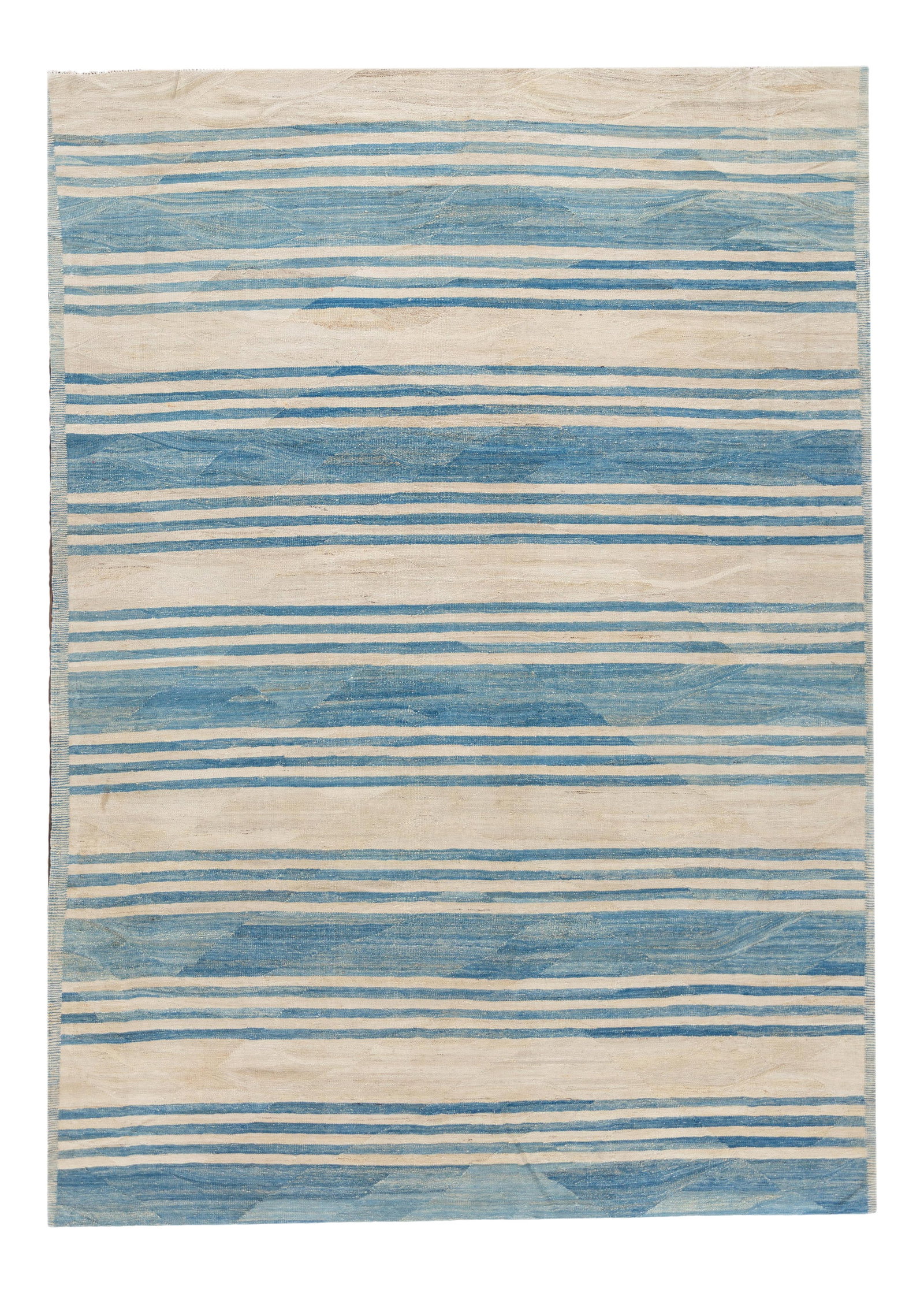 Ivory Blue Striped Hand-Knotted Wool Kilim Rug 8'11 x 12'2 (1 of 8)