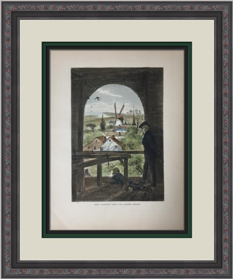 East Hampton Church Belfry Original Etching 1800s Custom Framed Art (1 of 2)