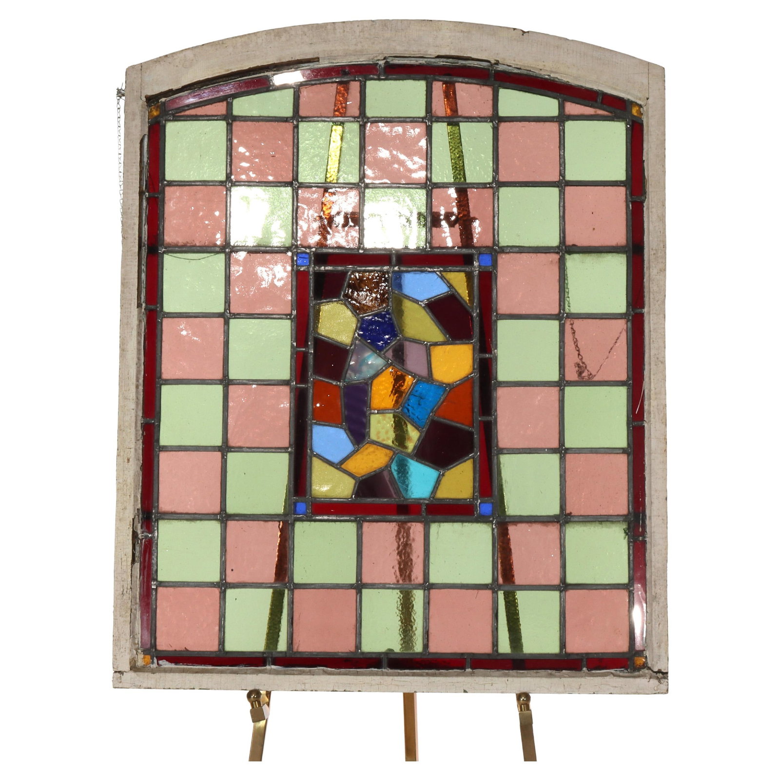 Leaded Art Glass Window Panel With Geometric Mosaic Arched Frame Circa 1920 (1 of 11)