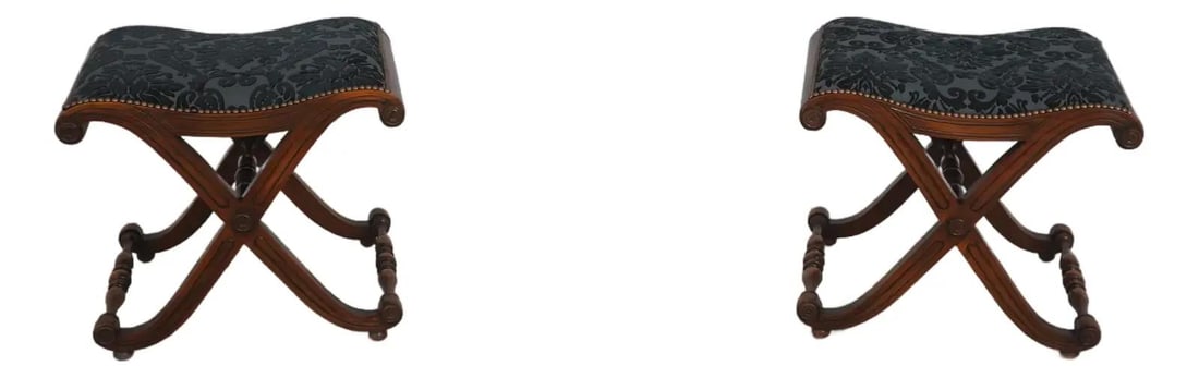 Set of 2 Mahogany X-Base Benches in Regency Style Damask Upholstery (1 of 10)