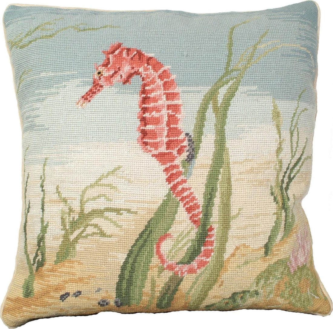 Coastal Nautical Seahorse Throw Pillow 18x18 Velvet Wool (1 of 1)