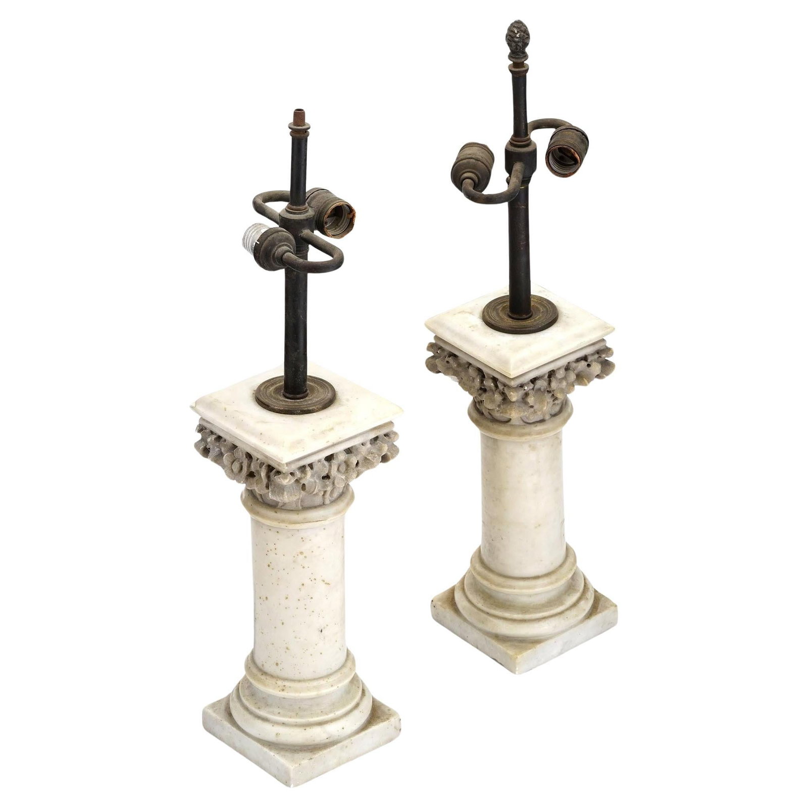 Set of 2 Italian Carved White Marble Column Table Lamps (1 of 11)