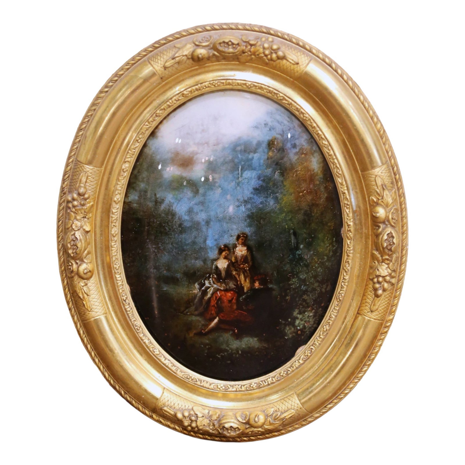 French Napoleon III Oval Oil on Glass Painting in Giltwood Frame circa 1880: French Napoleon III Oval Oil on Glass Painting in Giltwood Frame circa 1880 This late 19th-century French fixe sous verre painting was crafted circa 1880 during the Napoleon III period. Finely hand-pa