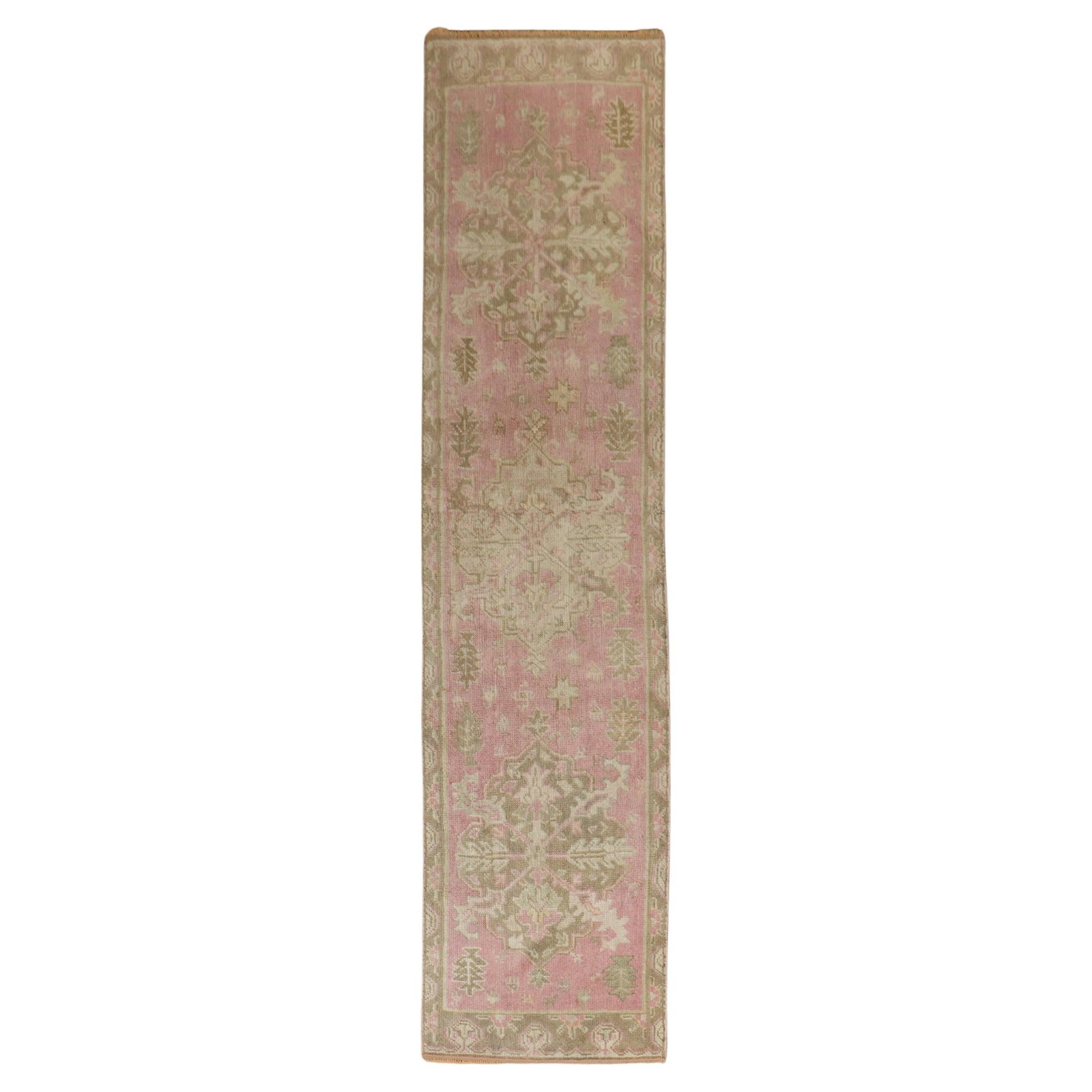 Zabihi Collection Antique Turkish Oushak Runner Wool Hand-Woven 30 x 127 in Bubble Gum Pink (1 of 8)