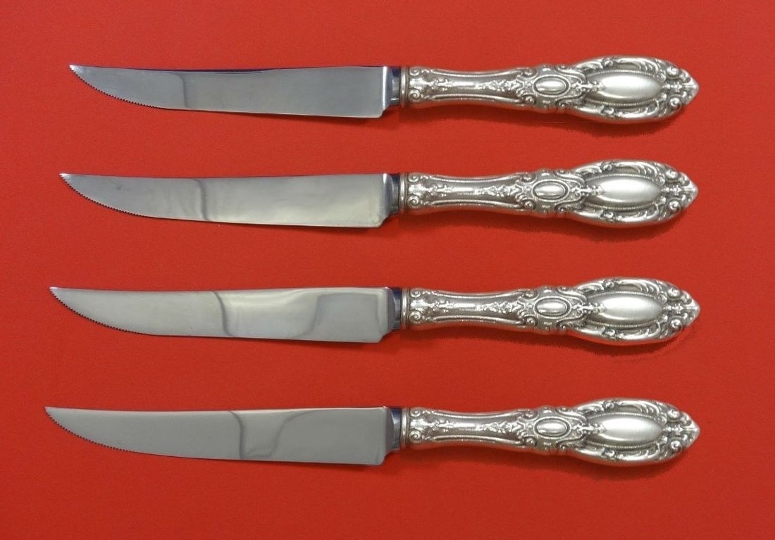 Towle King Richard Sterling Silver 4pc Steak Knife Set 8 1/2": Towle King Richard Sterling Silver 4pc Steak Knife Set 8 1/2" Elevate your dining experience with this exquisite 4-piece steak knife set from the King Richard pattern by Towle. Crafted with a sterling