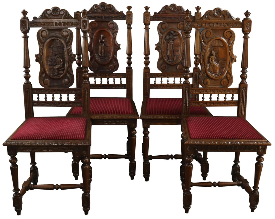 Antique French Brittany Dining Chairs Set of 4 1890 Red Velour: Antique French Brittany Dining Chairs Set of 4 1890 Red Velour This unique set of four antique French Brittany dining chairs, dating back to 1890, features a charming red upholstered velour finish ove