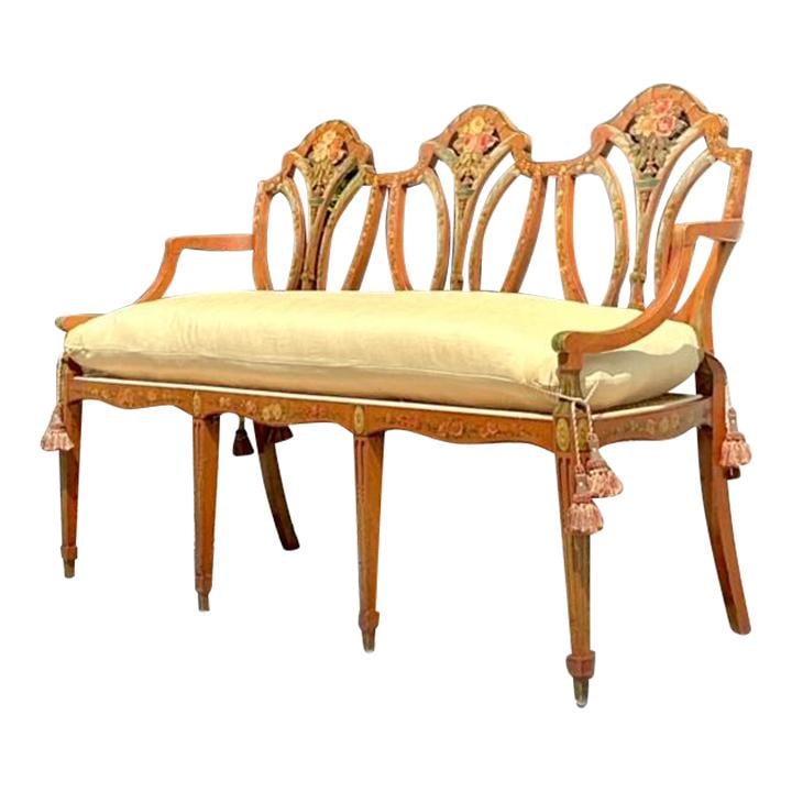 Vintage Regency Sheraton Hand Painted Satinwood Cane Bench (1 of 10)