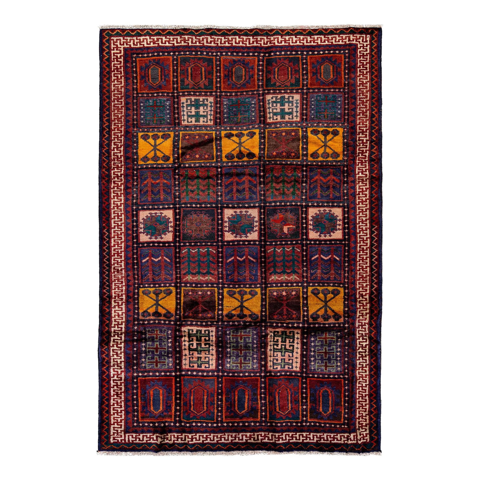 Vintage Handmade Persian Wool Rug Red Geometric Design 5'10" x 8'8": Vintage Handmade Persian Wool Rug Red Geometric Design 5'10" x 8'8" This beautiful vintage Persian rug features a hand-knotted design with a striking red field and multicolored geometric accents throu