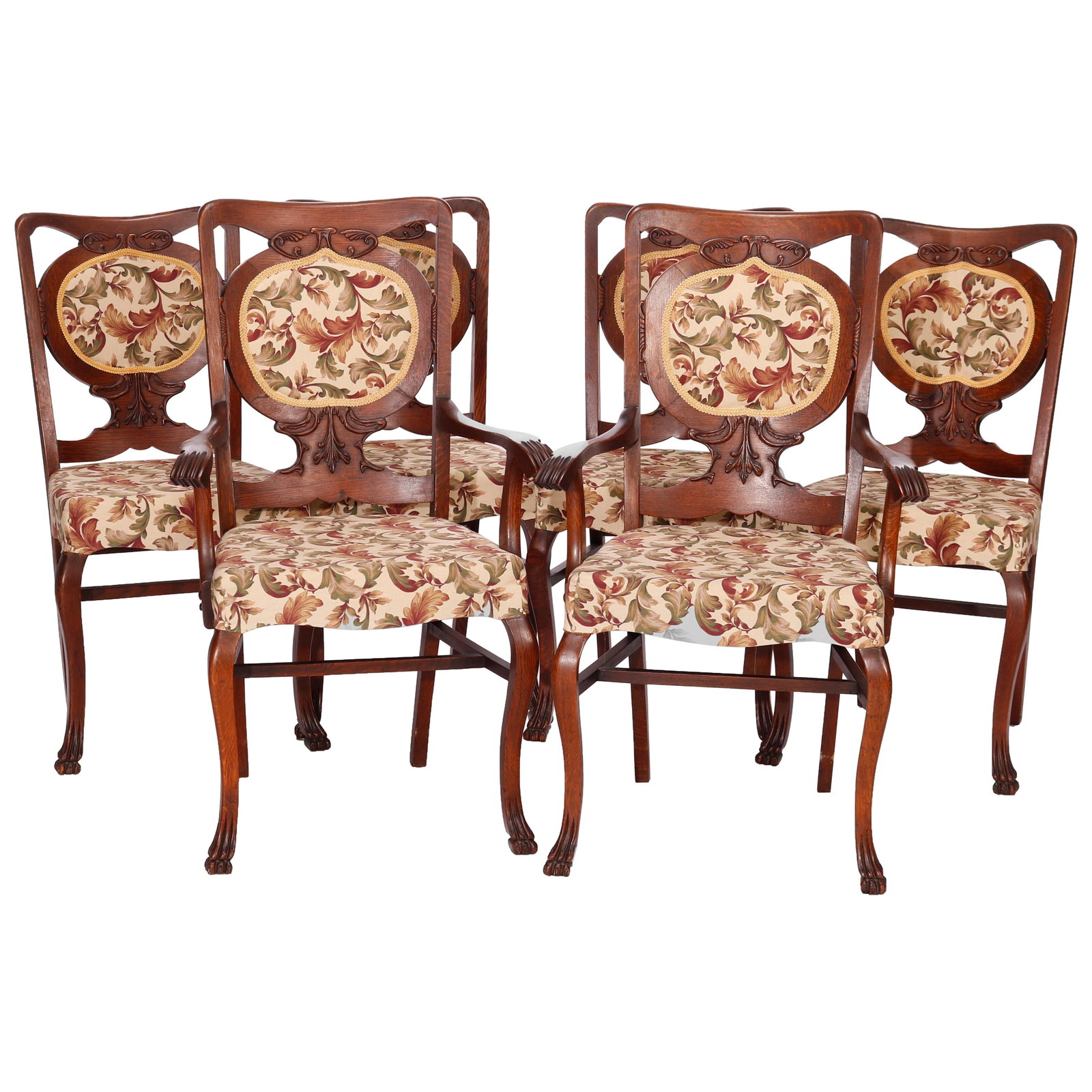 Set of 6 R.J. Horner Style Oak Dining Chairs Circa 1920: Set of 6 R.J. Horner Style Oak Dining Chairs Circa 1920 This elegant set of six dining room chairs, inspired by the renowned R.J. Horner & Co. design, features a classic oak construction typical of th