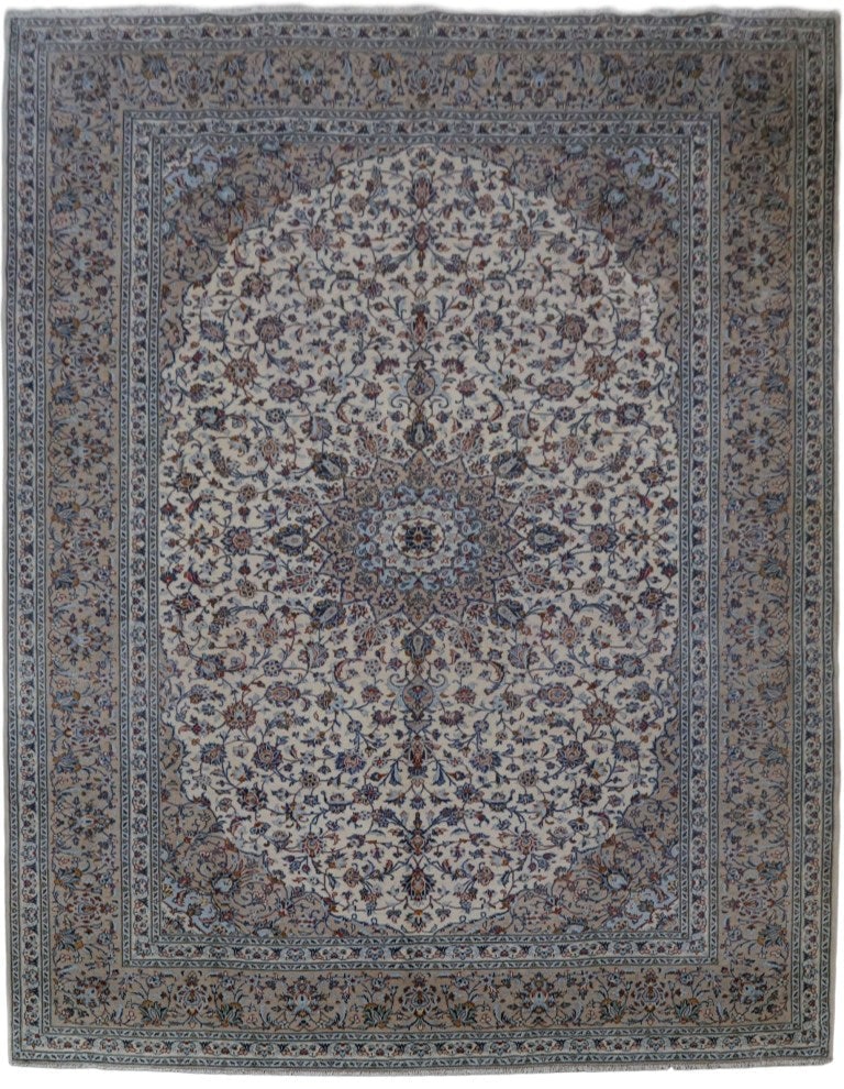 Luxurious 10.2 x 13.4 Ivory Persian Signed Kashan Rug (1 of 6)