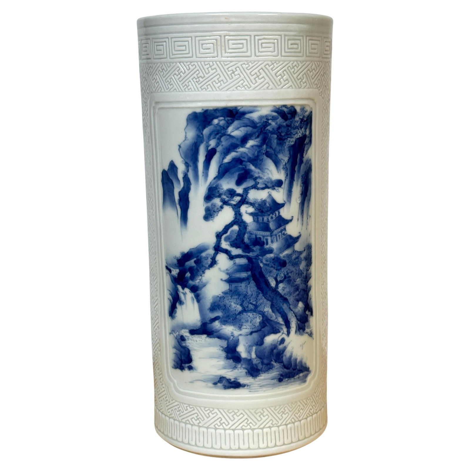 19th Century Chinese Blue and White Incised Porcelain Cylinder Vase (1 of 12)