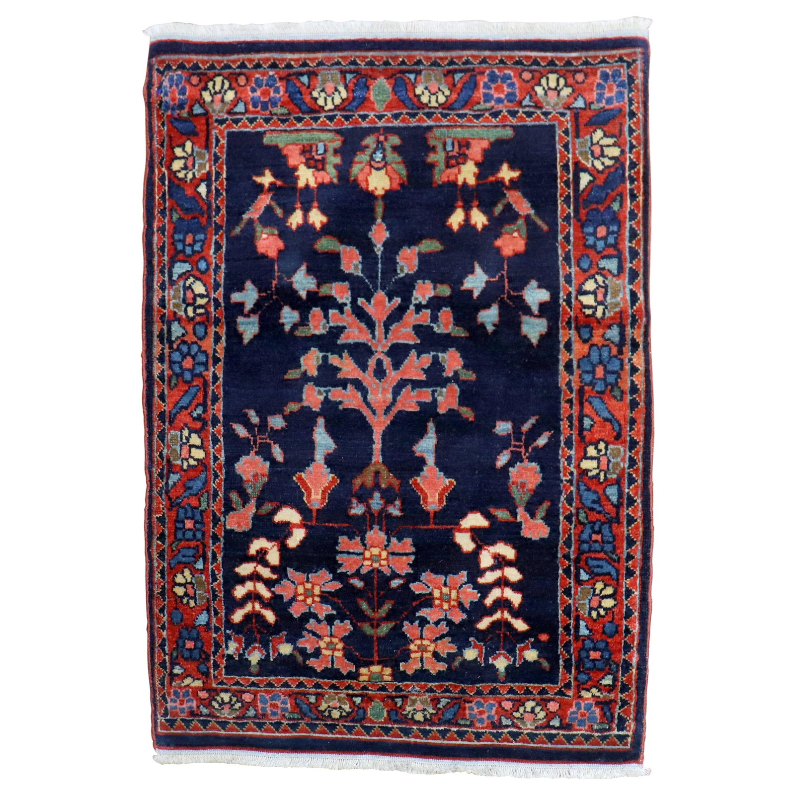 Early 20th Century Jewel Tone Navy Sarouk Mini Rug 22 x 31 Hand-Woven Wool Iran (1 of 6)