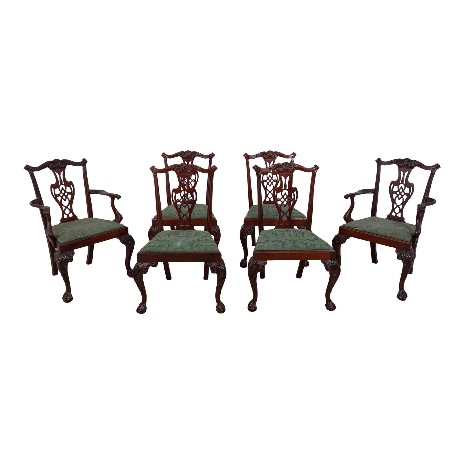 Set of 6 Mahogany Dining Chairs in Chippendale Style: Set of 6 Mahogany Dining Chairs in Chippendale Style This elegant set of six dining room chairs, attributed to Ethan Allen, showcases beautiful carved details reminiscent of 18th-century Chippendale d