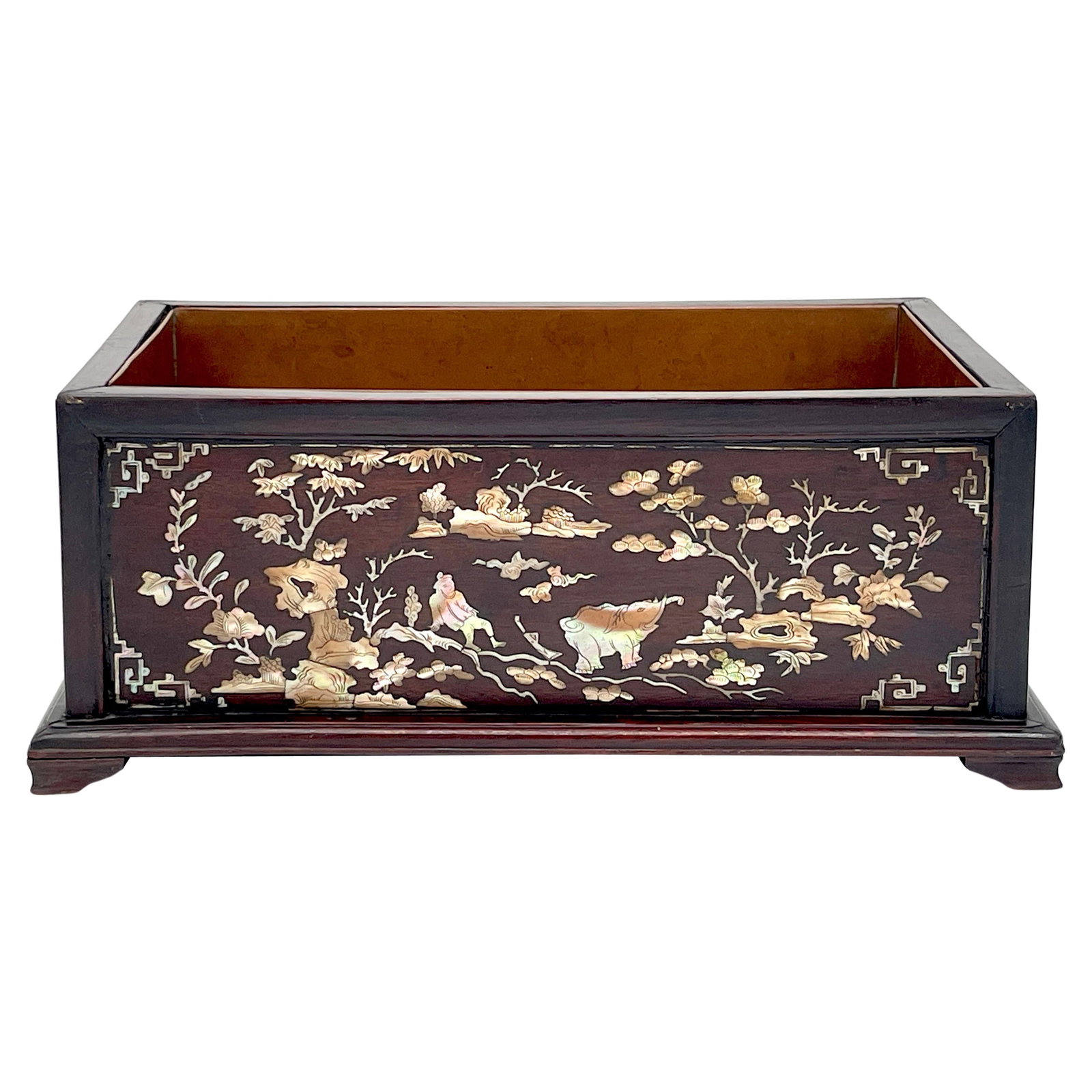Chinese Export Hardwood Jardiniere with Mother of Pearl Inlay and Copper Liner: Chinese Export Hardwood Jardiniere with Mother of Pearl Inlay and Copper Liner This antique Chinese jardiniere features an elegant rectangular hardwood form inlaid with exquisite mother of pearl, exem
