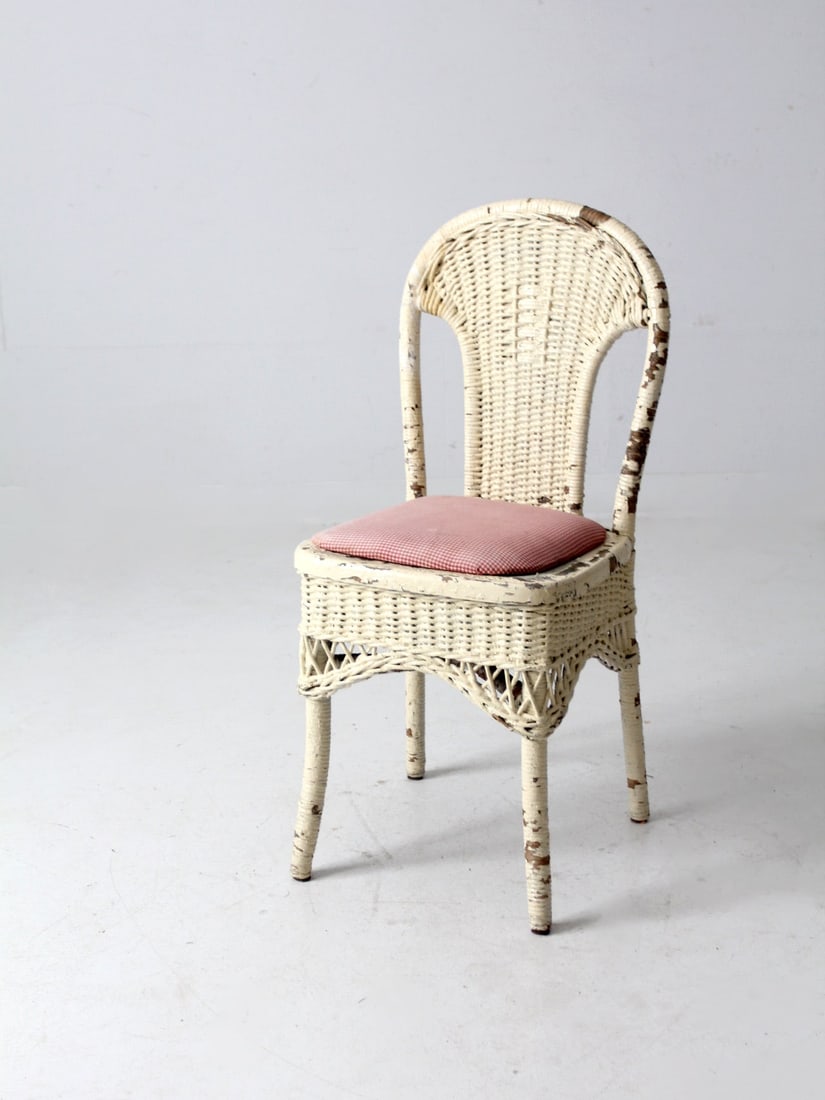 Antique Wicker Side Chair with Red Gingham Cushion (1 of 12)
