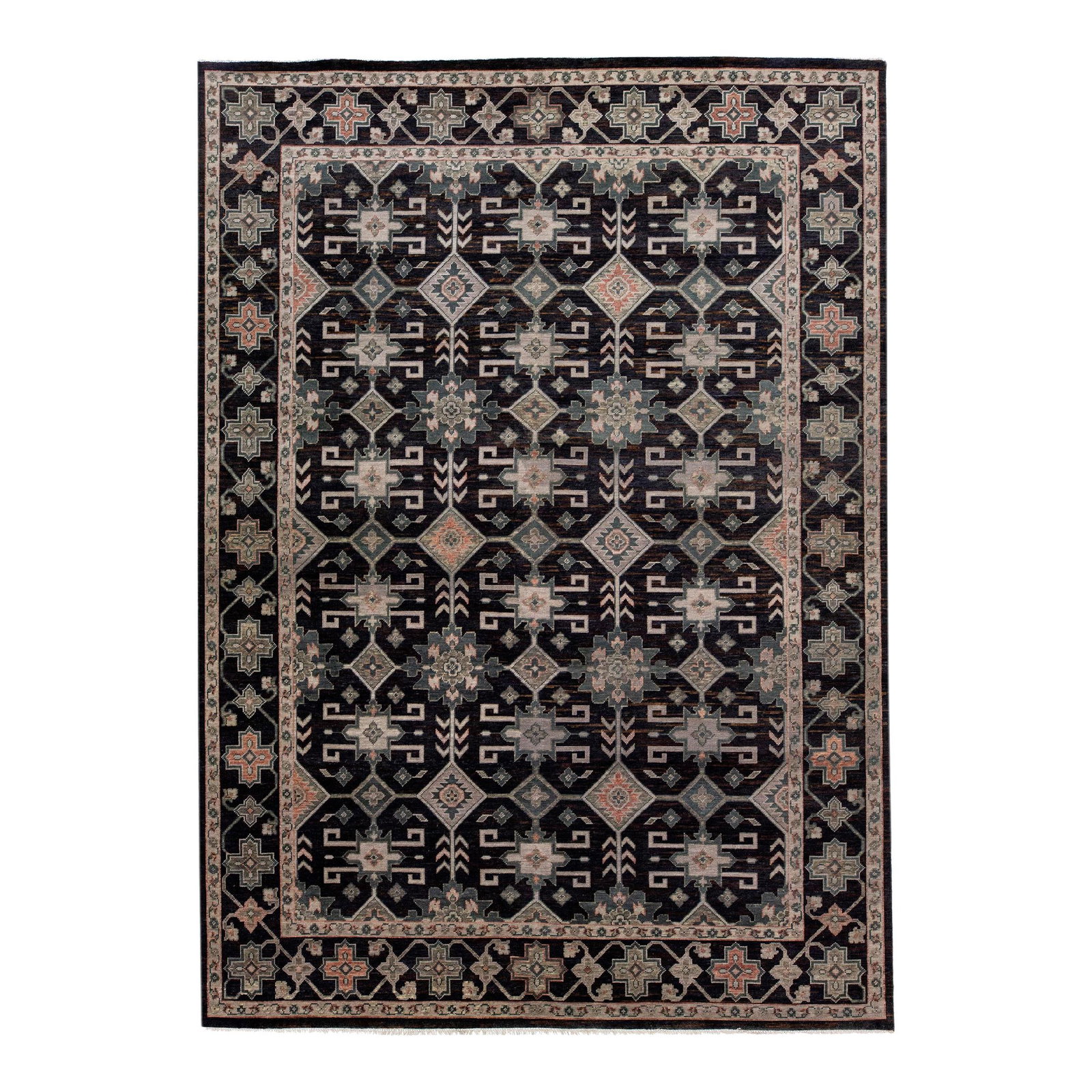 Handmade Charcoal Wool Oushak Rug 10'1 x 14' Geometric Design: Handmade Charcoal Wool Oushak Rug 10'1 x 14' Geometric Design Experience the elegance of this modern Oushak hand-knotted wool rug featuring a striking charcoal field. Crafted in Turkey, this rug