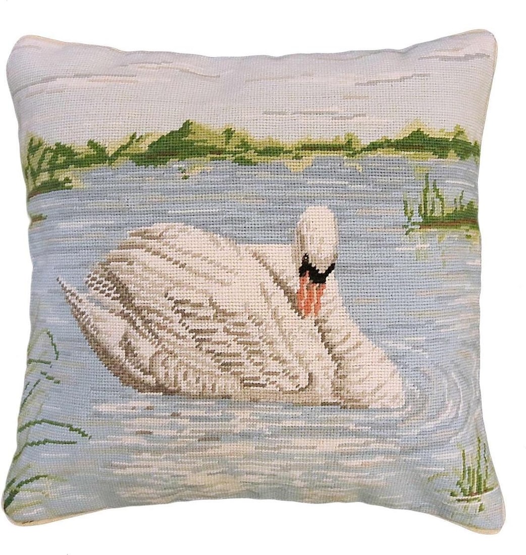 Hand-Made Serene Needlepoint Swan Pillow 18x18 with Zippered Back (1 of 1)