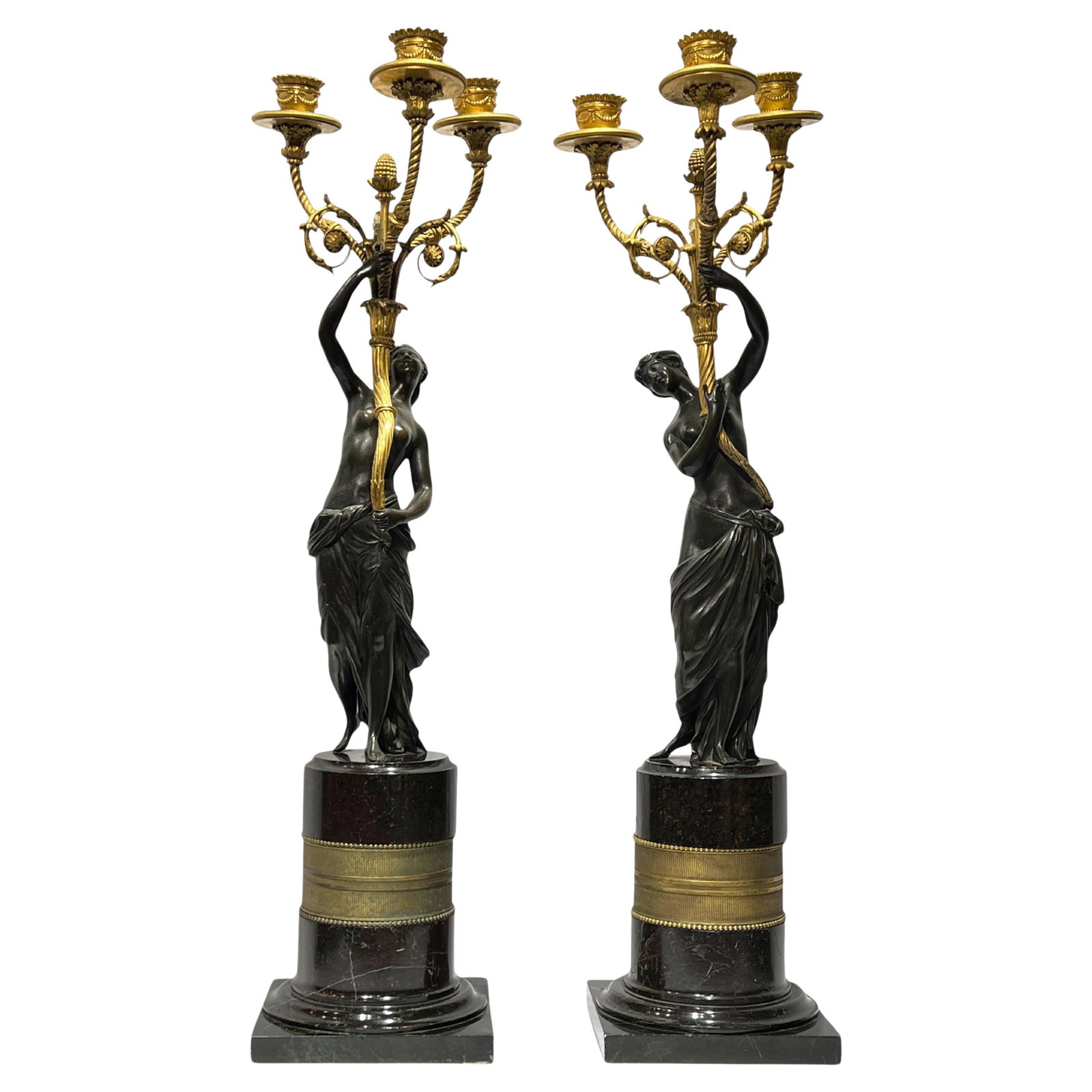 Set of 2 French Neoclassical Bronze and Marble Figural Candelabra 19th Century (1 of 17)