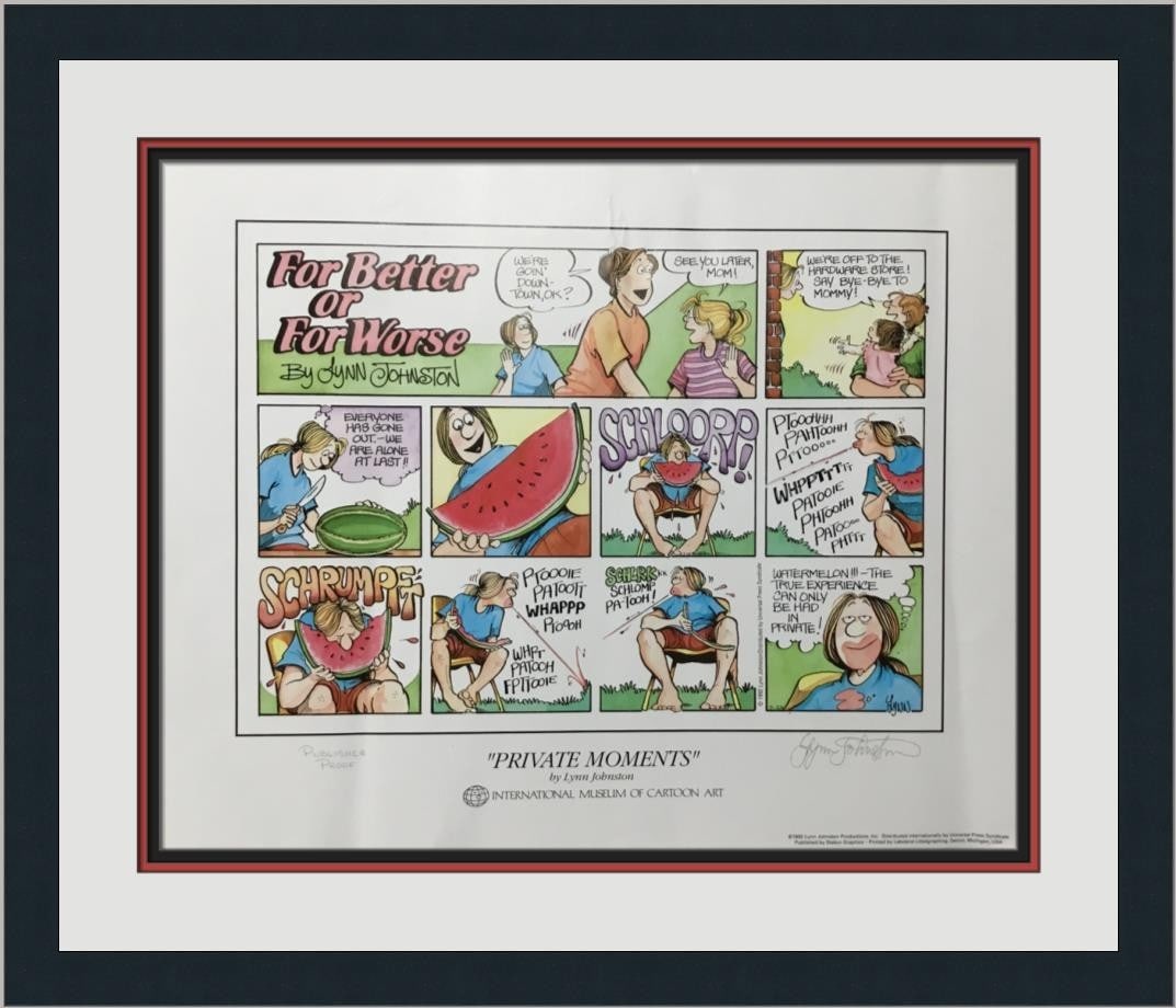 Publisher Proof Comic Strip Art by Lynn Johnston Signed and Framed: Publisher Proof Comic Strip Art by Lynn Johnston Signed and Framed This is an original publisher proof of "Private Moments" from the For Better Or For Worse comic strip, illustrated and pencil signed