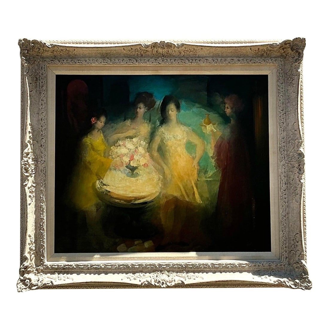 Vintage Regency Original Oil Painting on Canvas 30.75x27 Charming Artwork: Vintage Regency Original Oil Painting on Canvas 30.75x27 Charming Artwork Elevate your space with this exquisite Mid 20th Century Vintage Regency Original Figurative Oil on Canvas painting. This capti