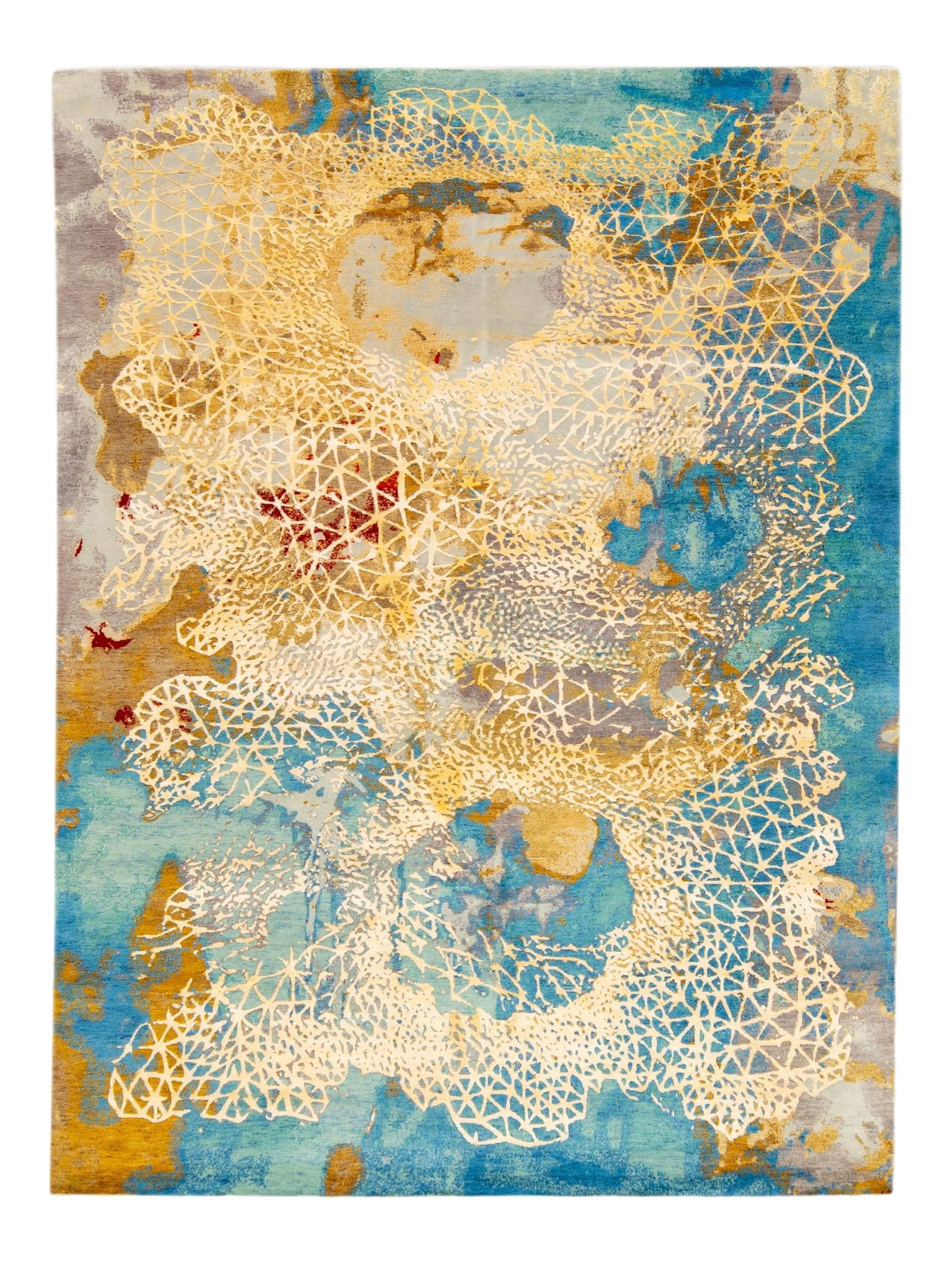 Handmade Wool Silk Rug Golden Teal Coastal Abstract Design 9'1 x 12: Handmade Wool Silk Rug Golden Teal Coastal Abstract Design 9'1 x 12 Enhance your living space with this stunning modern Indian hand-knotted rug, featuring a captivating golden-teal field with beautifu