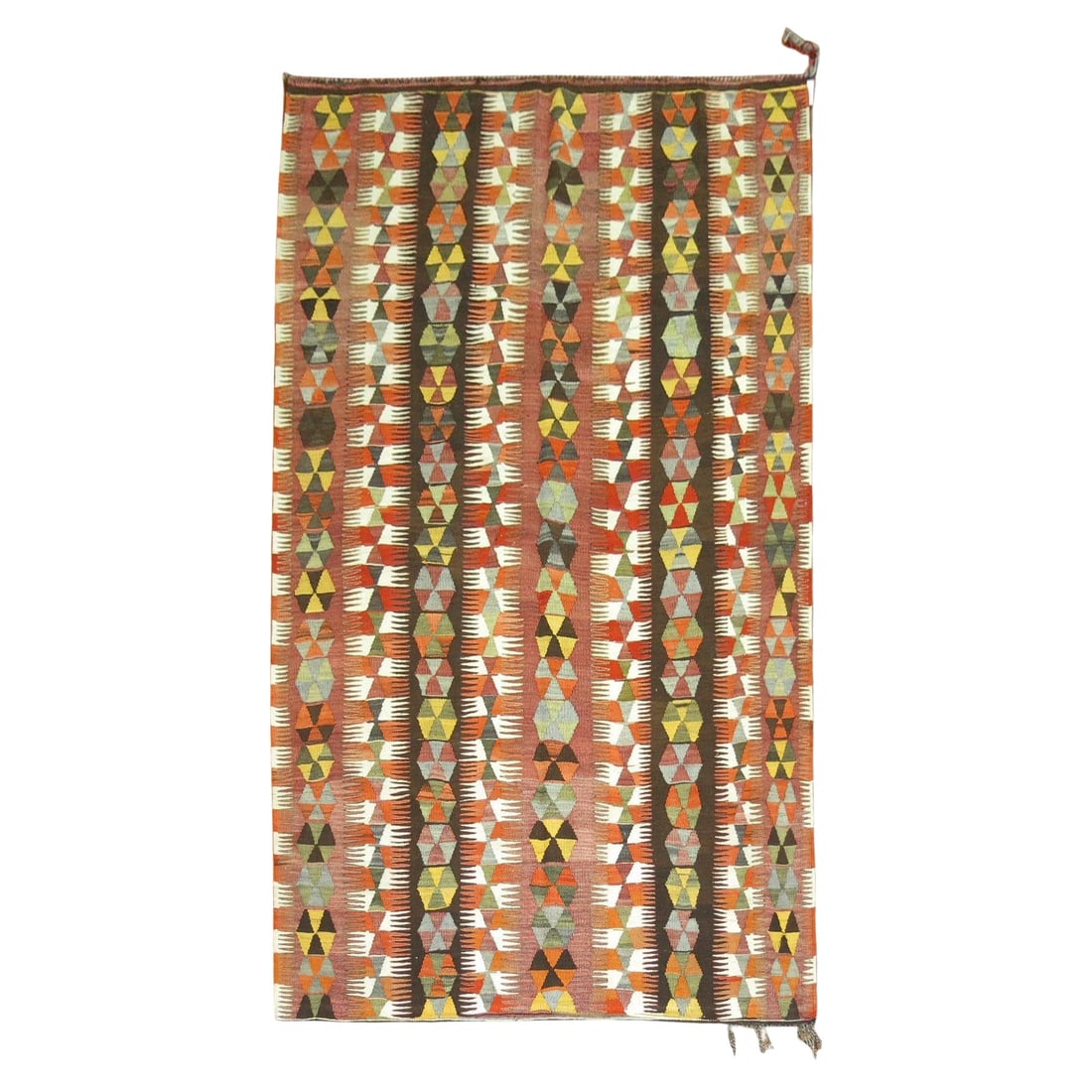 Mid 20th Century Wool Turkish Kilim Rug with Tribal Motif 67 x 114 in: Mid 20th Century Wool Turkish Kilim Rug with Tribal Motif 67 x 114 in This Vintage Tribal Turkish Kilim features a stunning all-over tribal design, showcasing the rich cultural heritage of mid-20th ce