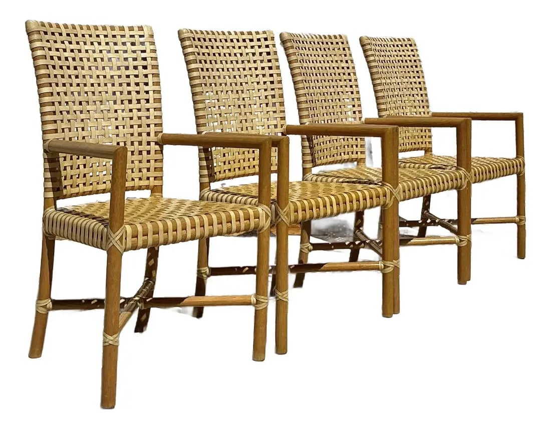 Vintage McGuire Set of 4 Woven Rawhide Dining Chairs: Vintage McGuire Set of 4 Woven Rawhide Dining Chairs Elevate your dining experience with this iconic set of four vintage McGuire dining chairs, showcasing the brand's renowned rattan and rawhide craft