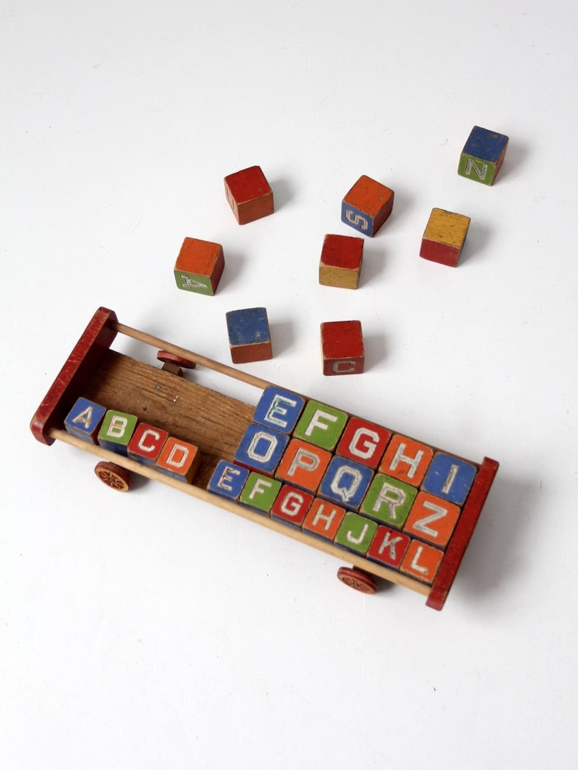 Pull Cart With 39 Wooden Alphabet Blocks By Halsam Vintage Set (1 of 7)