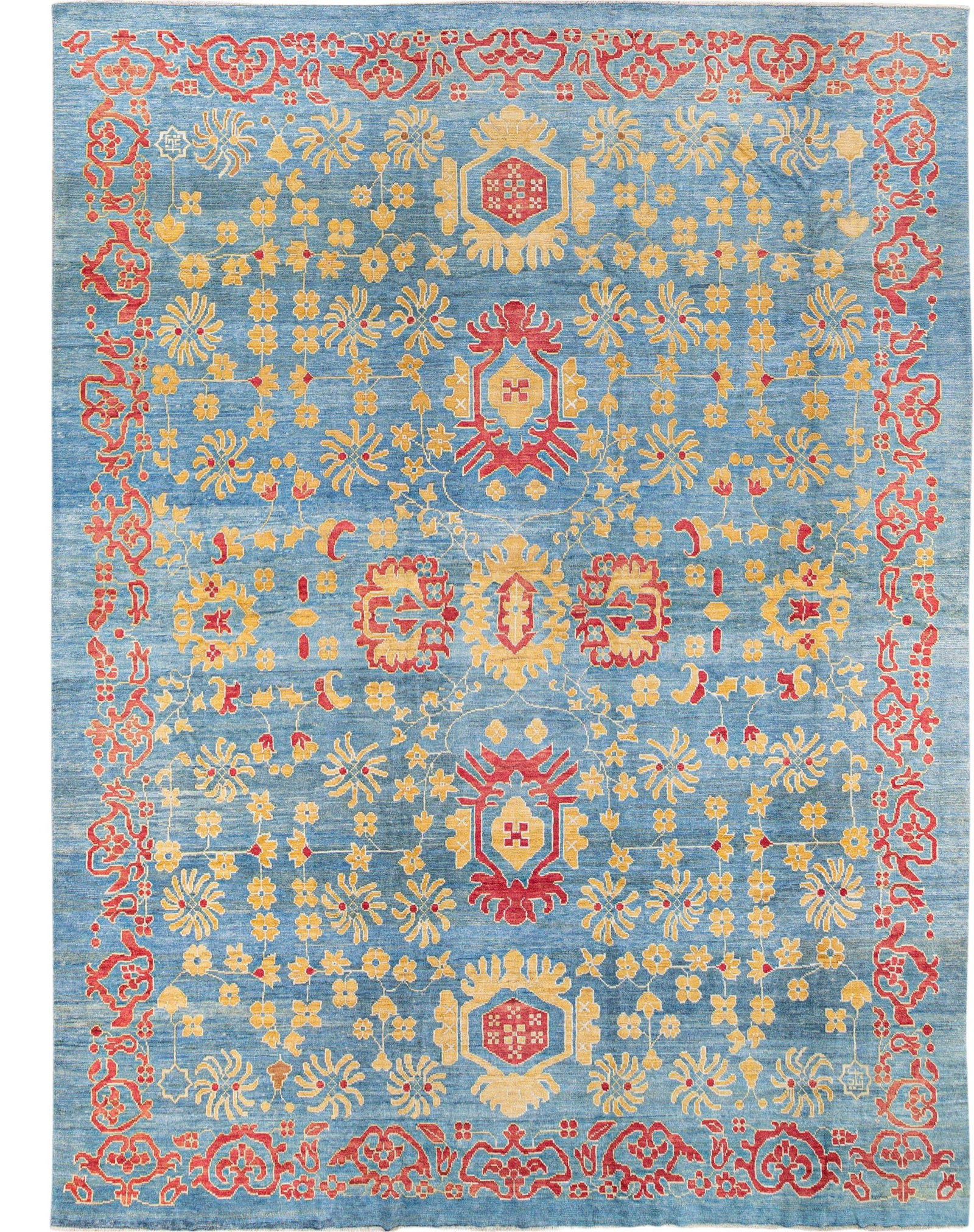 Oversized Modern Oushak Hand-Knotted Wool Rug Blue Floral Design 12'3 x 16'1: Oversized Modern Oushak Hand-Knotted Wool Rug Blue Floral Design 12'3 x 16'1 Enhance your living space with this stunning modern Oushak hand-knotted wool rug, showcasing a vibrant blue field adorned w