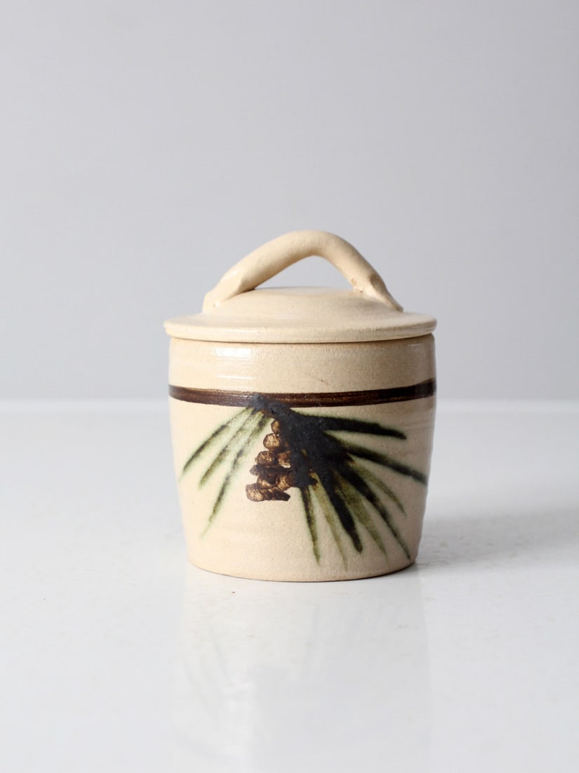 Signed Vintage Studio Pottery Jar with Hand-Painted Pine Cone Design (1 of 8)