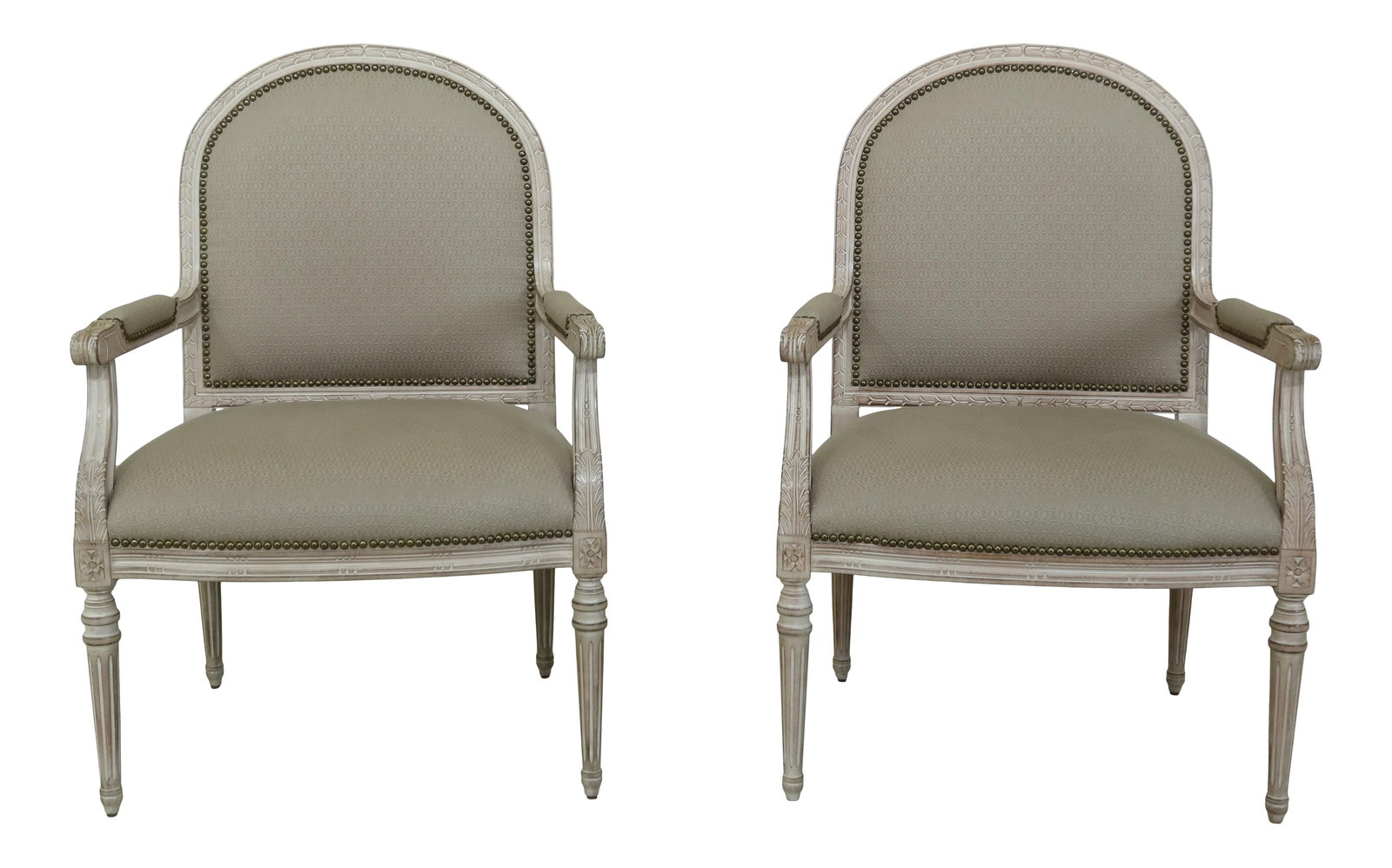 Pair of French Louis XVI Style White Carved Frame Armchairs (1 of 10)