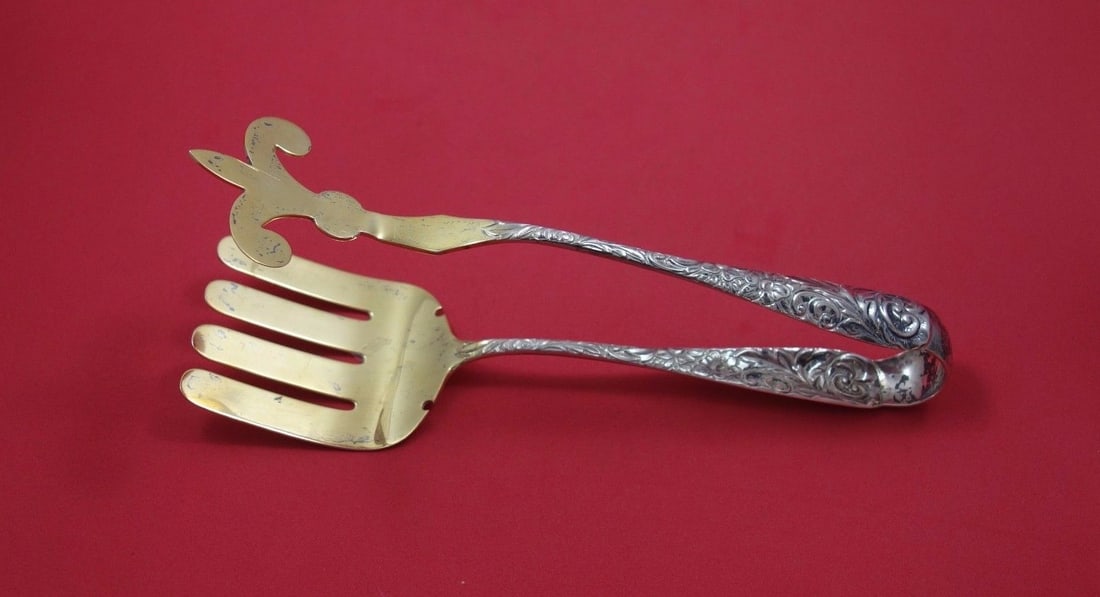 Durgin Scroll Sterling Silver Asparagus Serving Tong Gold Washed 9 7/8 Inch (1 of 1)