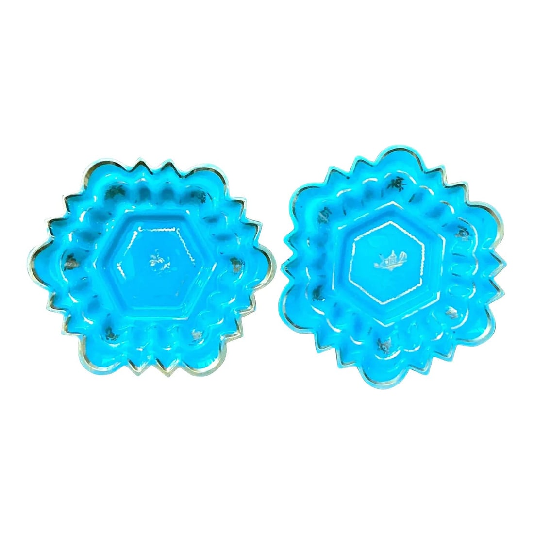 Set of 2 Teal Opaline Glass Boho Ring Dishes with Gold Trim: Set of 2 Teal Opaline Glass Boho Ring Dishes with Gold Trim This set includes two vintage Boho Chic opaline ring dishes in a striking teal color, each featuring scalloped edges, a hexagonal center, an