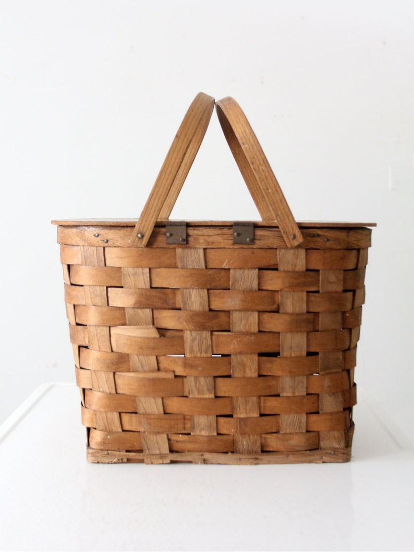 Vintage Splint Weave Picnic Basket with Bentwood Handles (1 of 11)