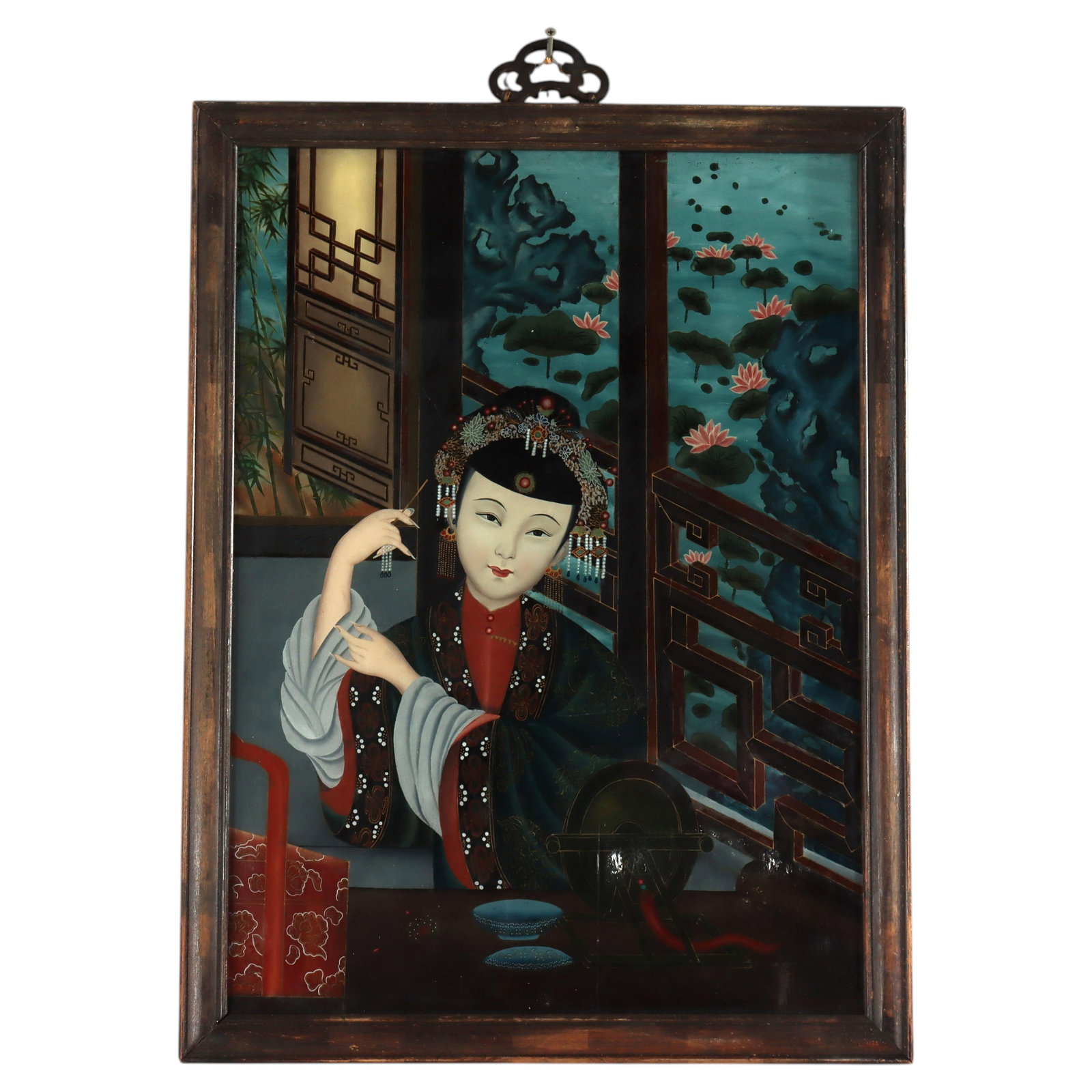 Early 20th Century Chinese Reverse Glass Portrait Panel with Woman and Lotus (1 of 11)