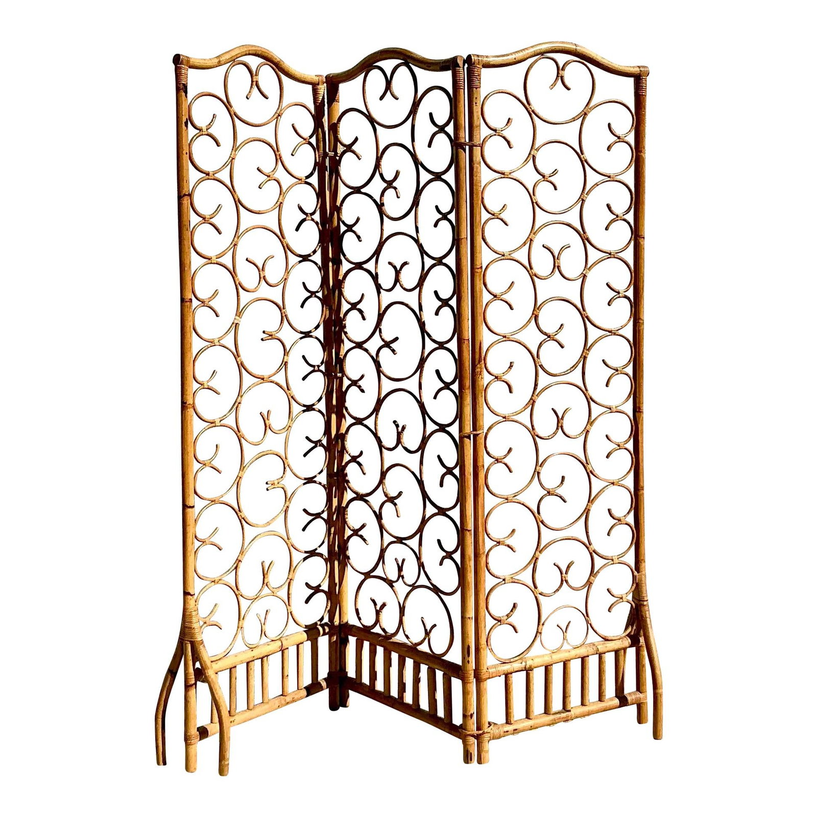 Vintage Coastal Scroll Rattan Folding Screen 72.25H Natural Charm (1 of 7)