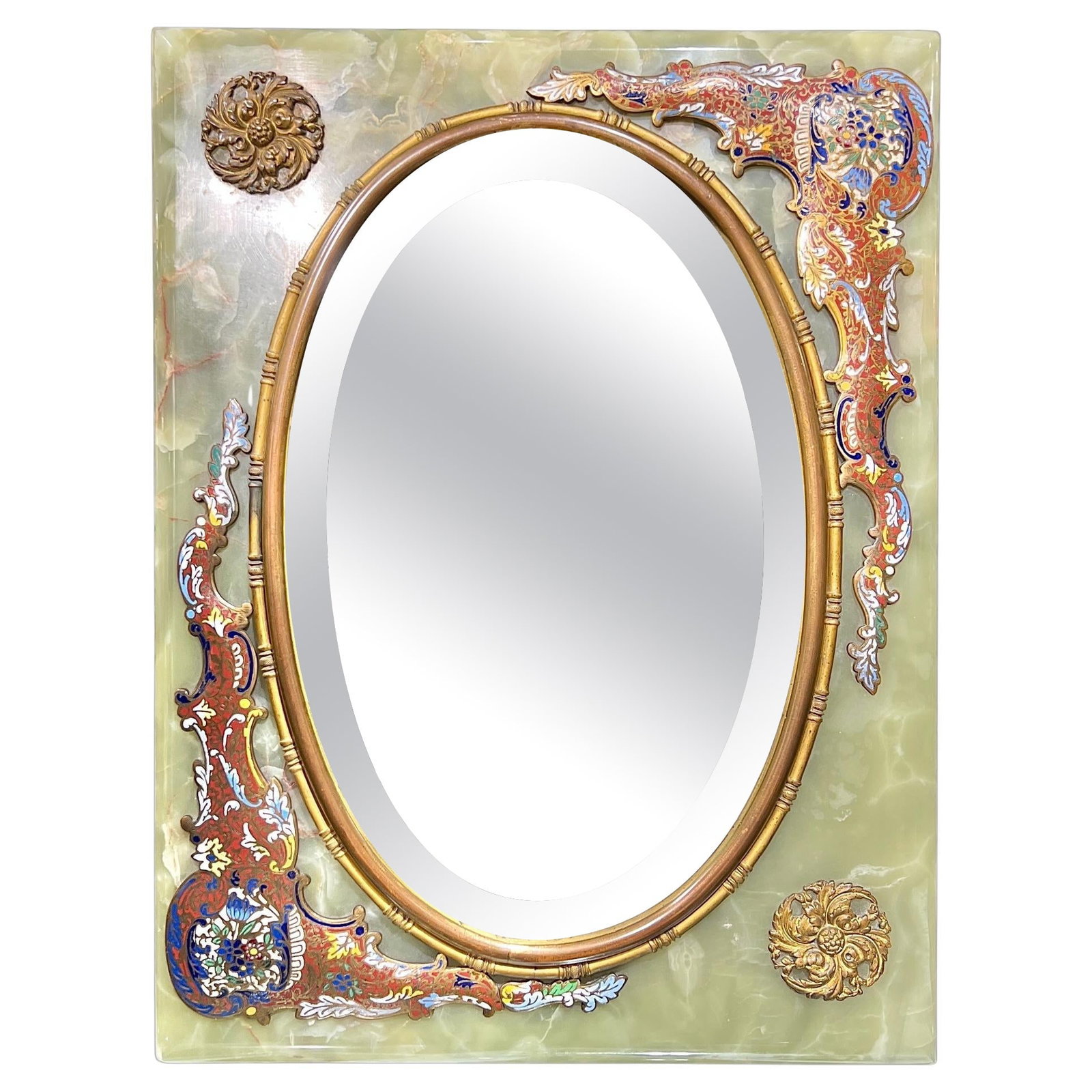 Art Nouveau French Bronze Onyx Table Mirror with Champleve Enamel Decoration (1 of 11)