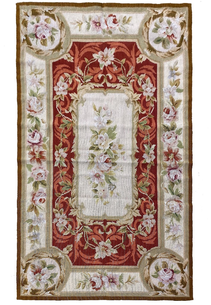3 x 5 French Aubusson Needlepoint Rug Burgundy Floral Design (1 of 8)
