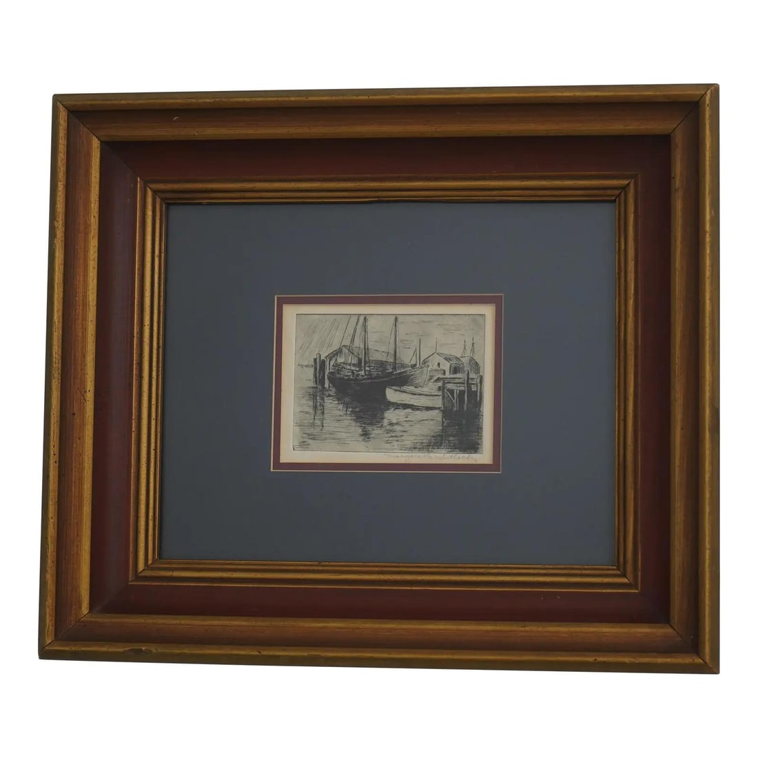 Framed Pencil Etching of Waterside Scene Signed by Margaret E Whitlock (1 of 8)