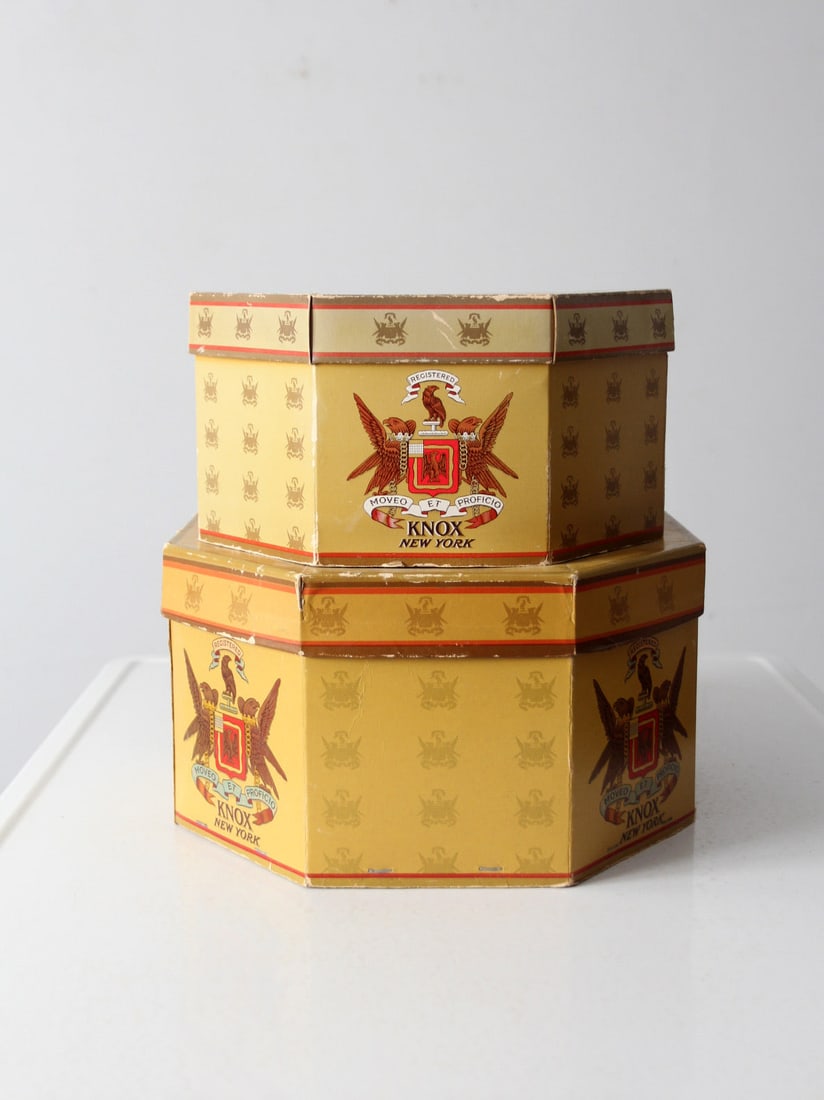 Vintage Knox Octagonal Hat Boxes Pair Gold Finish 1940s 1950s (1 of 14)