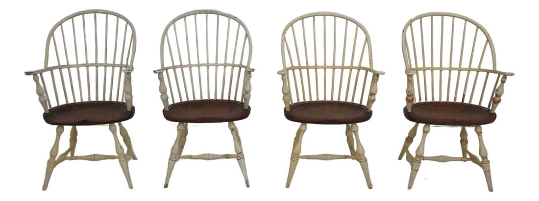 Farmhouse Style Painted Windsor Bow Back Armchairs Set of Four (1 of 10)