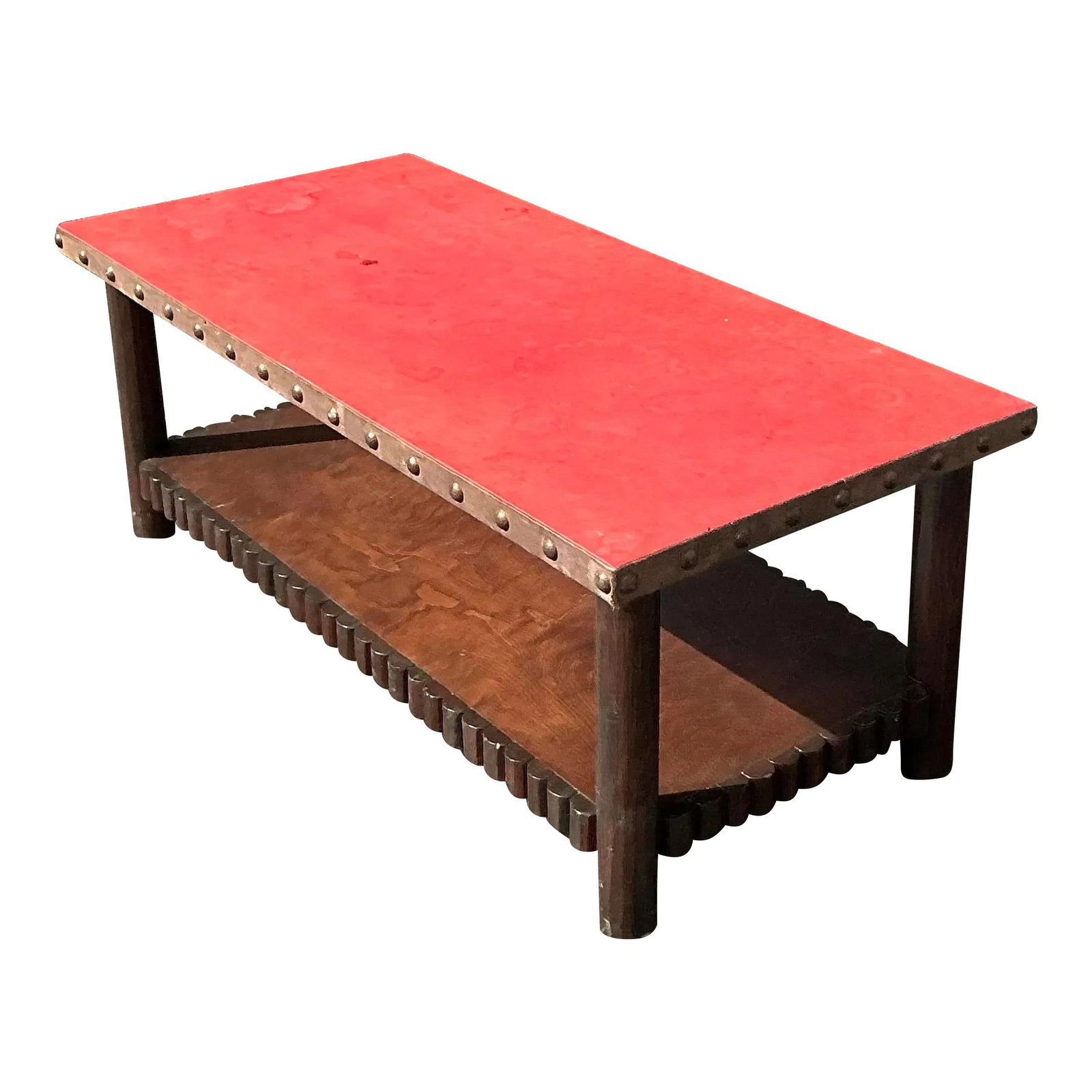 Vintage Boho Thomas Molesworth Coffee Table Red Wood Leather Metal (1 of 9)