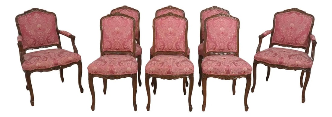 Set of Eight Walnut French Louis XV Style Dining Chairs Upholstered (1 of 10)